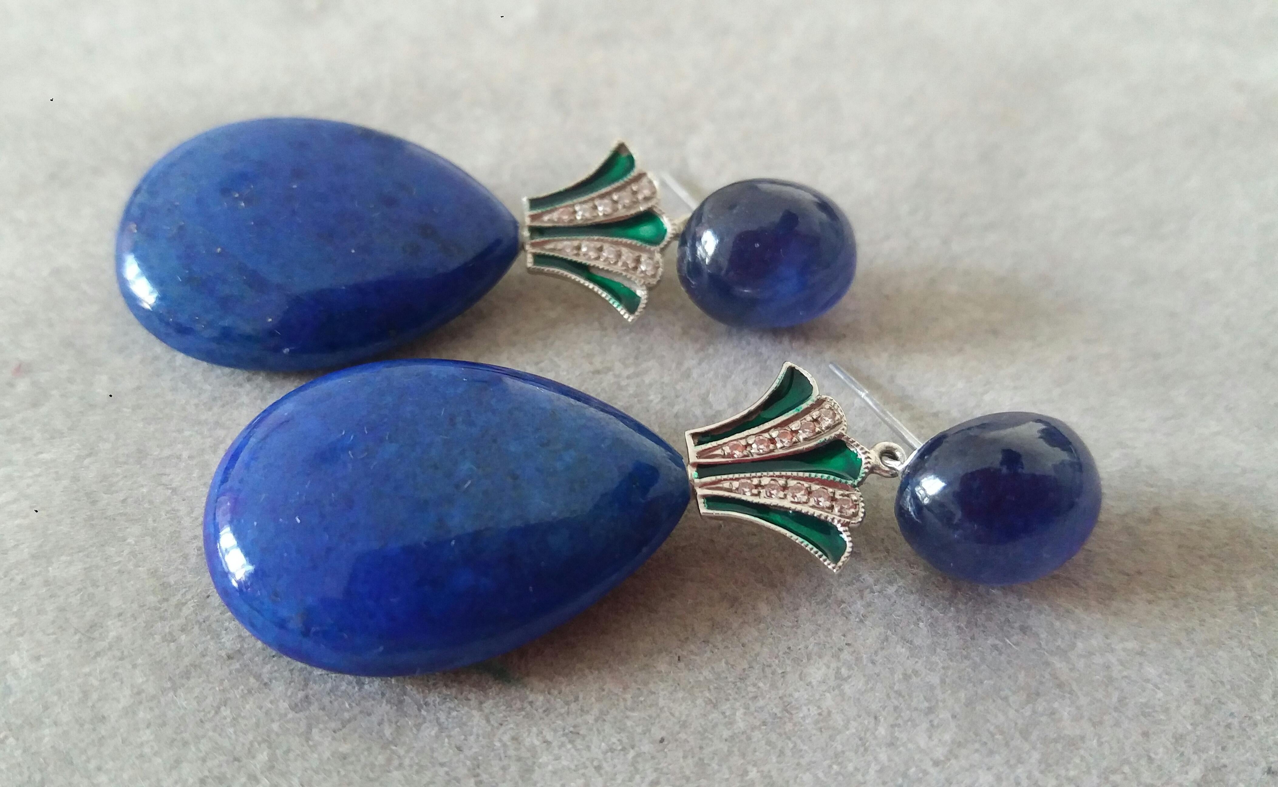 Art Deco Style Lapis Lazuli Blue Sapphire Gold Diamonds Green Enamel Earrings 1
