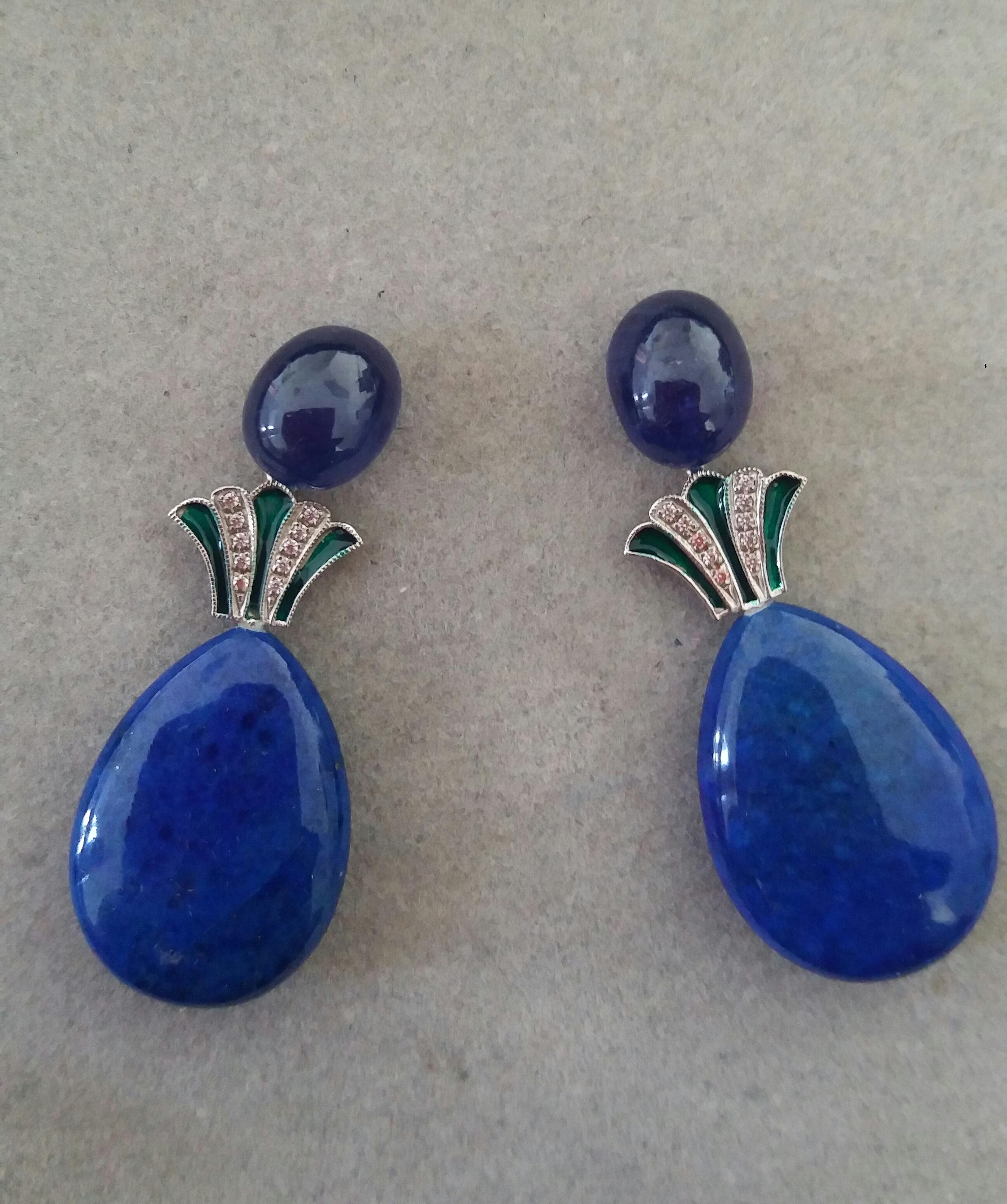 Art Deco Style Lapis Lazuli Blue Sapphire Gold Diamonds Green Enamel Earrings 1