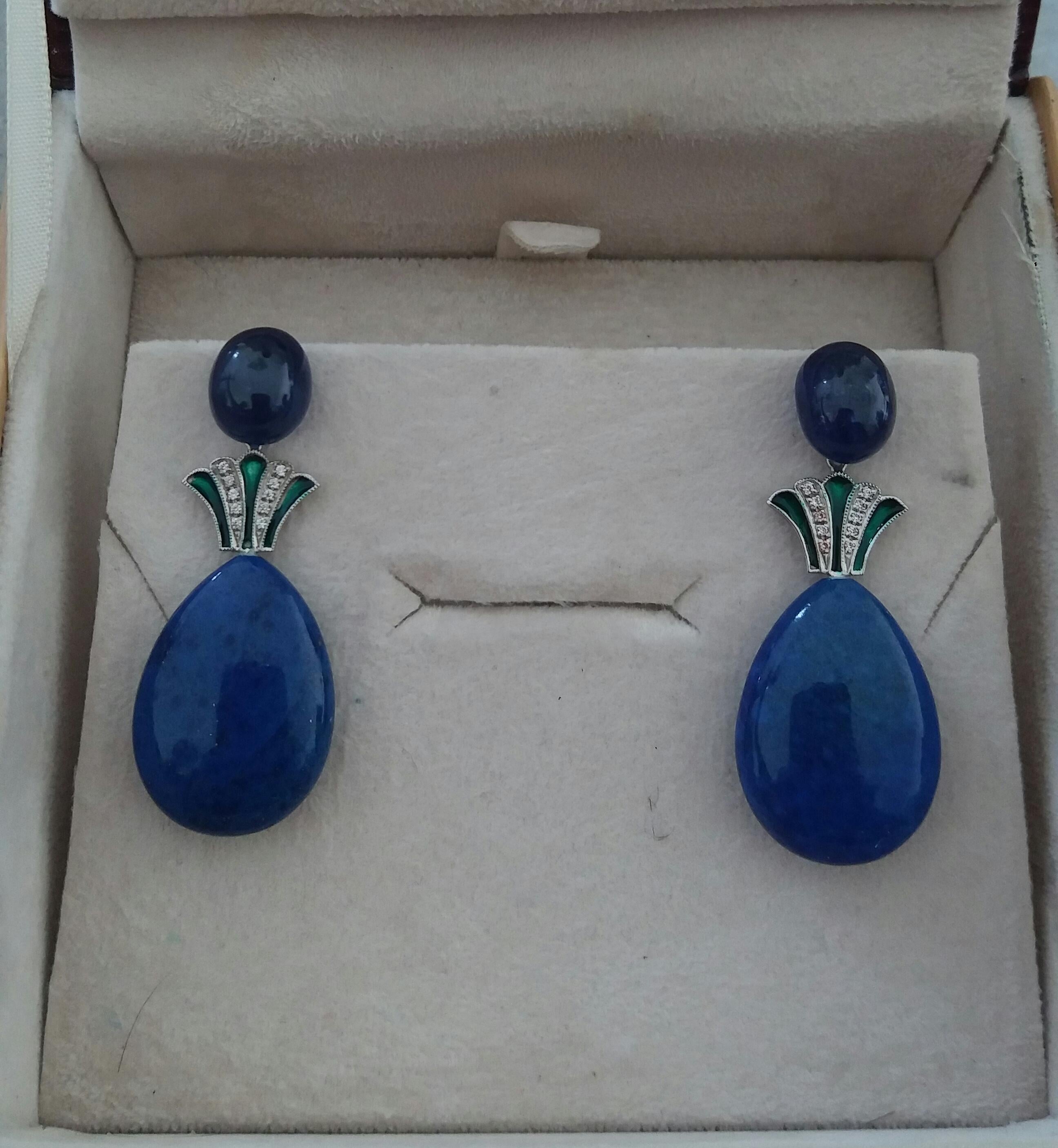 Art Deco Style Lapis Lazuli Blue Sapphire Gold Diamonds Green Enamel Earrings 3