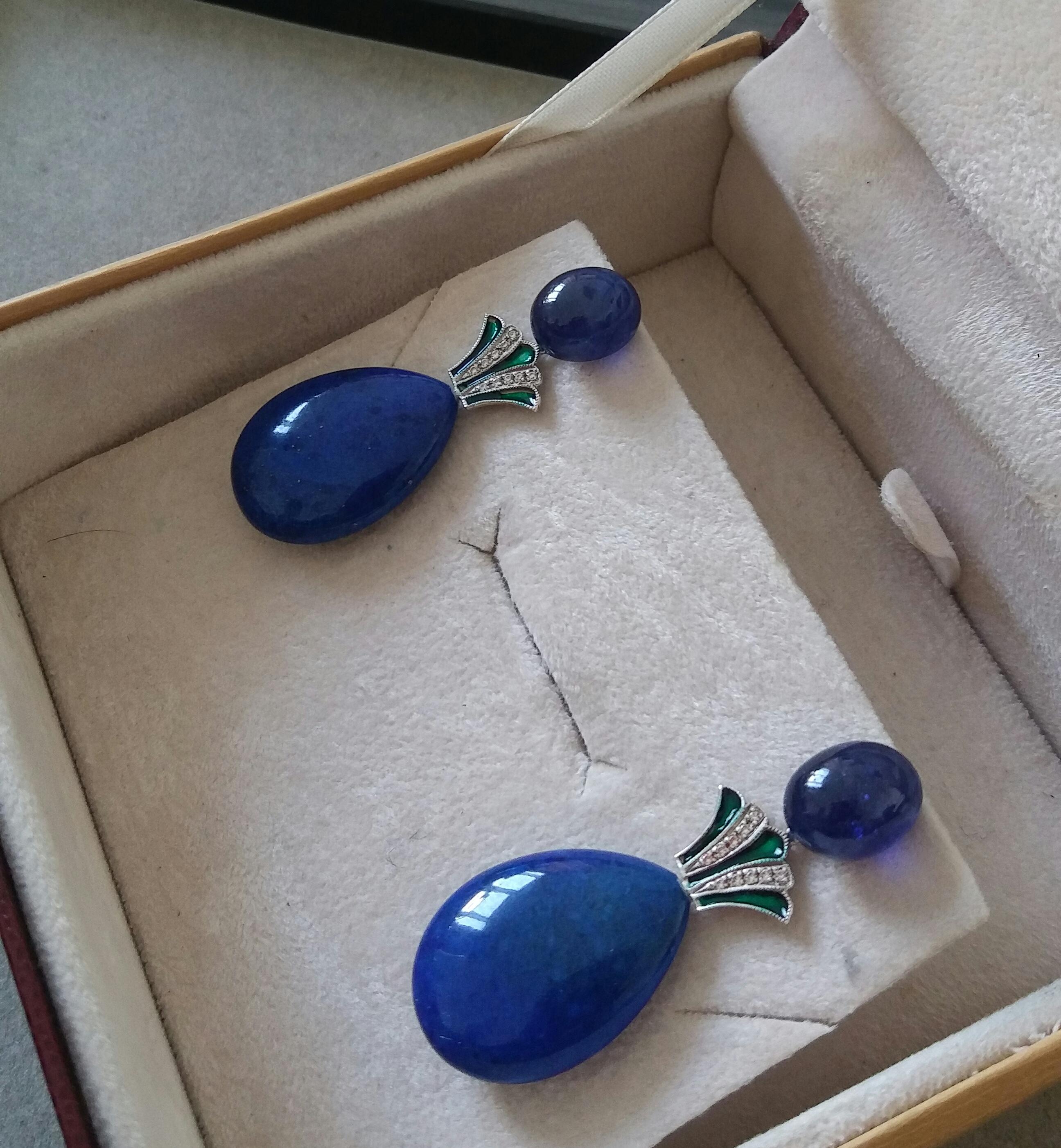 Art Deco Style Lapis Lazuli Blue Sapphire Gold Diamonds Green Enamel Earrings 4