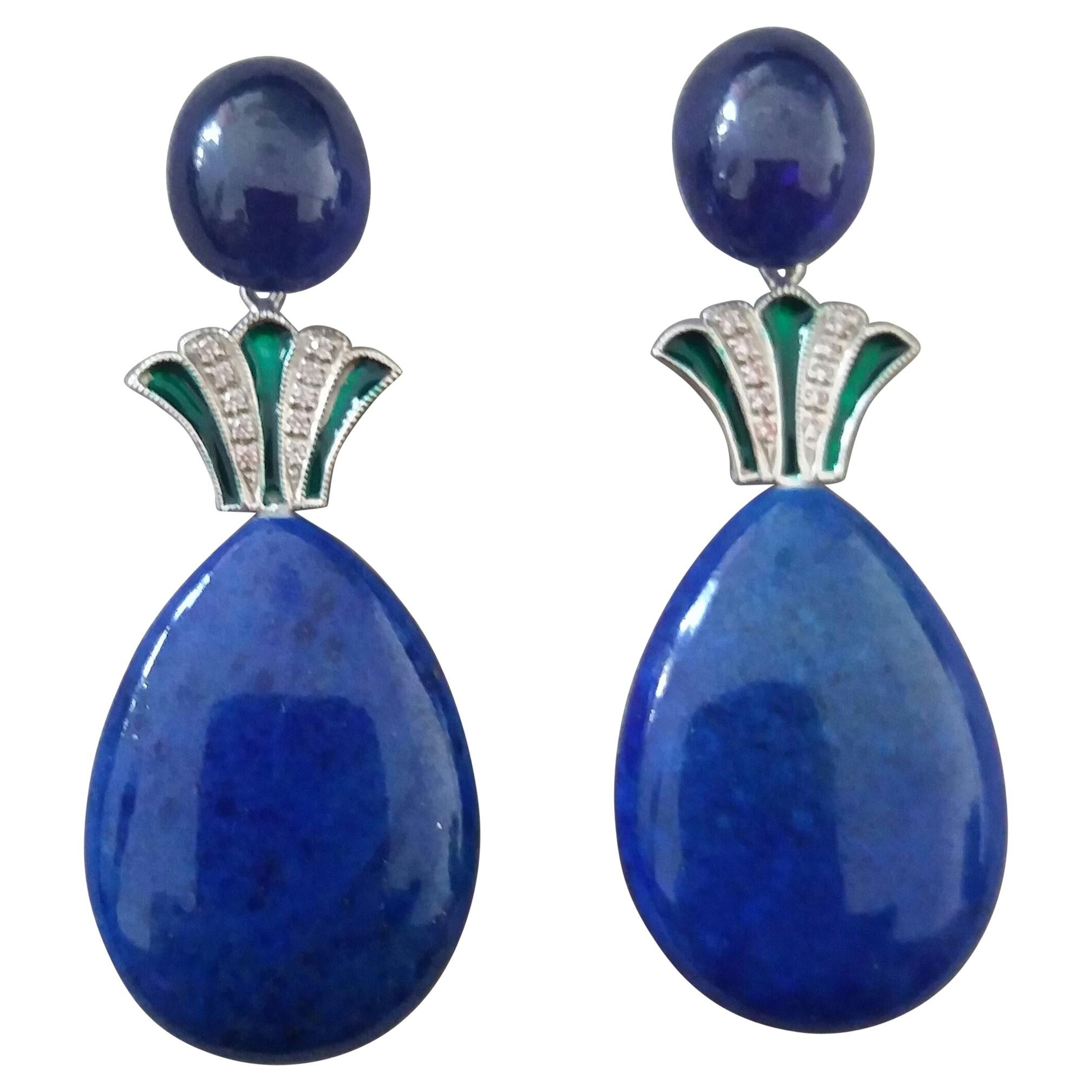 Art Deco Style Lapis Lazuli Blue Sapphire Gold Diamonds Green Enamel Earrings