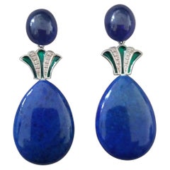 Art Deco Style Lapis Lazuli Blue Sapphire Gold Diamonds Green Enamel Earrings