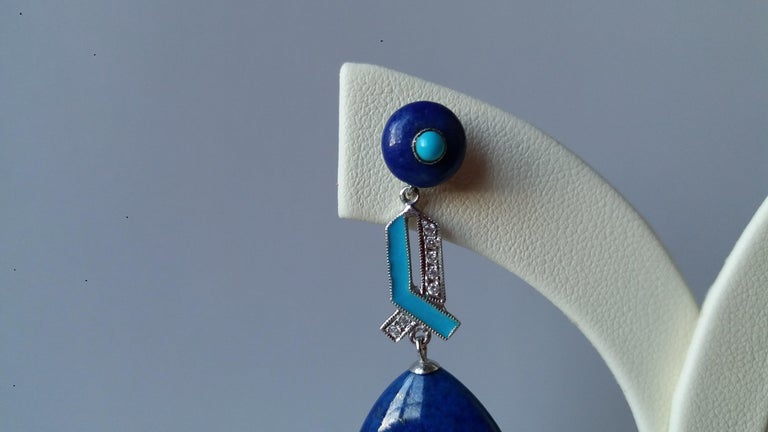 Art Deco Style Lapis Lazuli Gold Turquoise Diamonds Blue Enamel Drop Earrings In Good Condition For Sale In Bangkok, TH