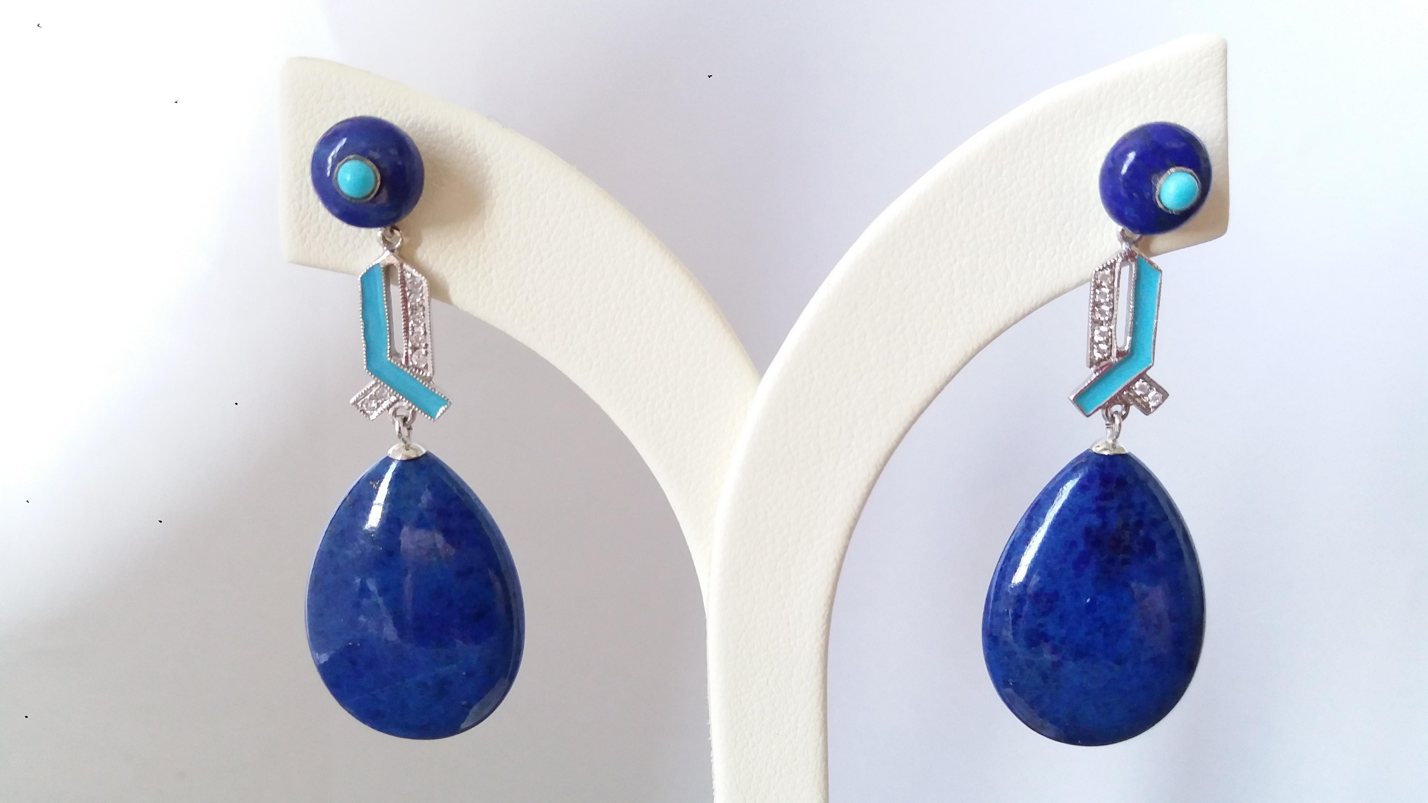 Art Deco Style Lapis Lazuli Gold Turquoise Diamonds Blue Enamel Drop Earrings In Good Condition For Sale In Bangkok, TH