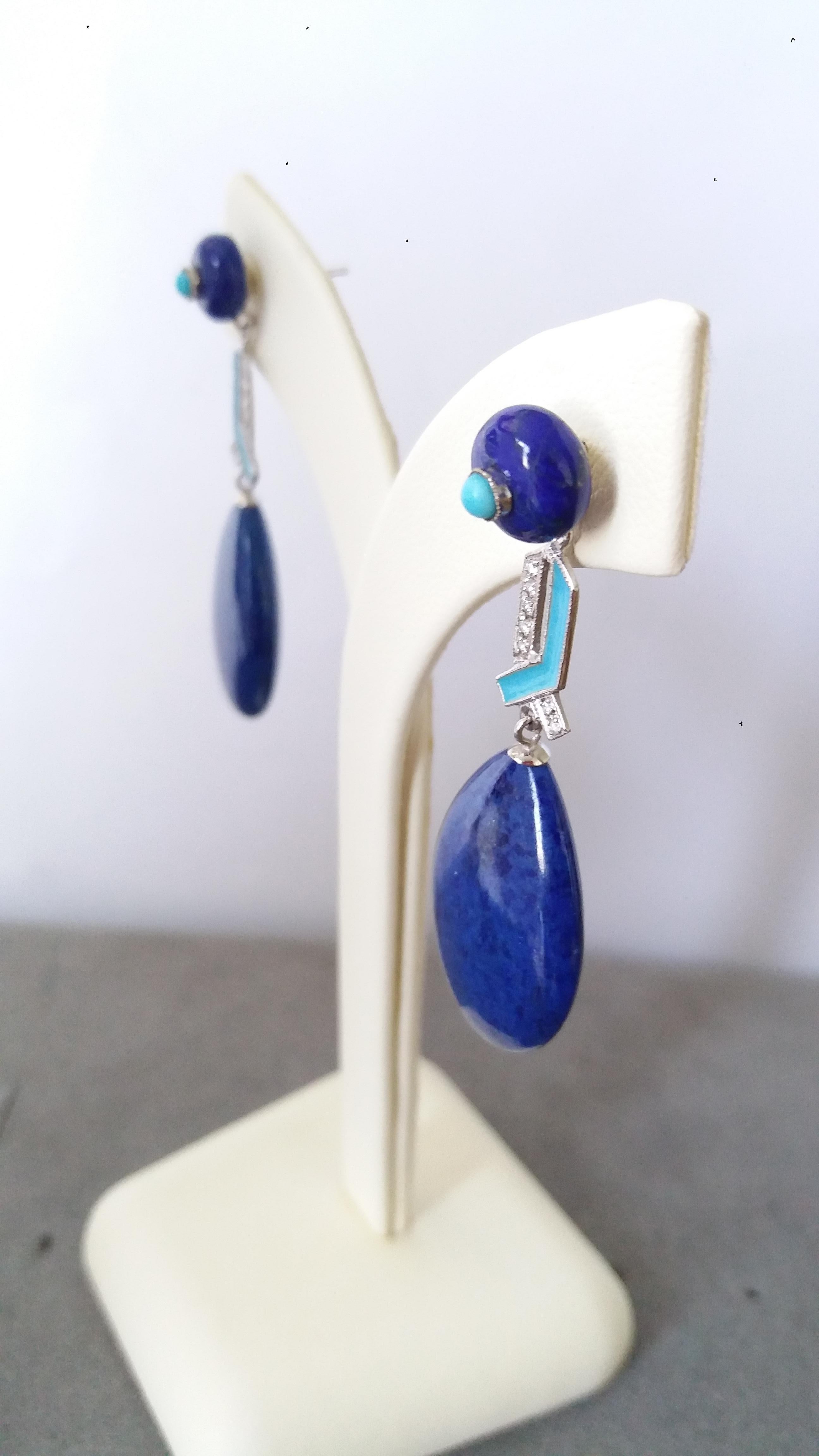 Women's Art Deco Style Lapis Lazuli Gold Turquoise Diamonds Blue Enamel Drop Earrings For Sale