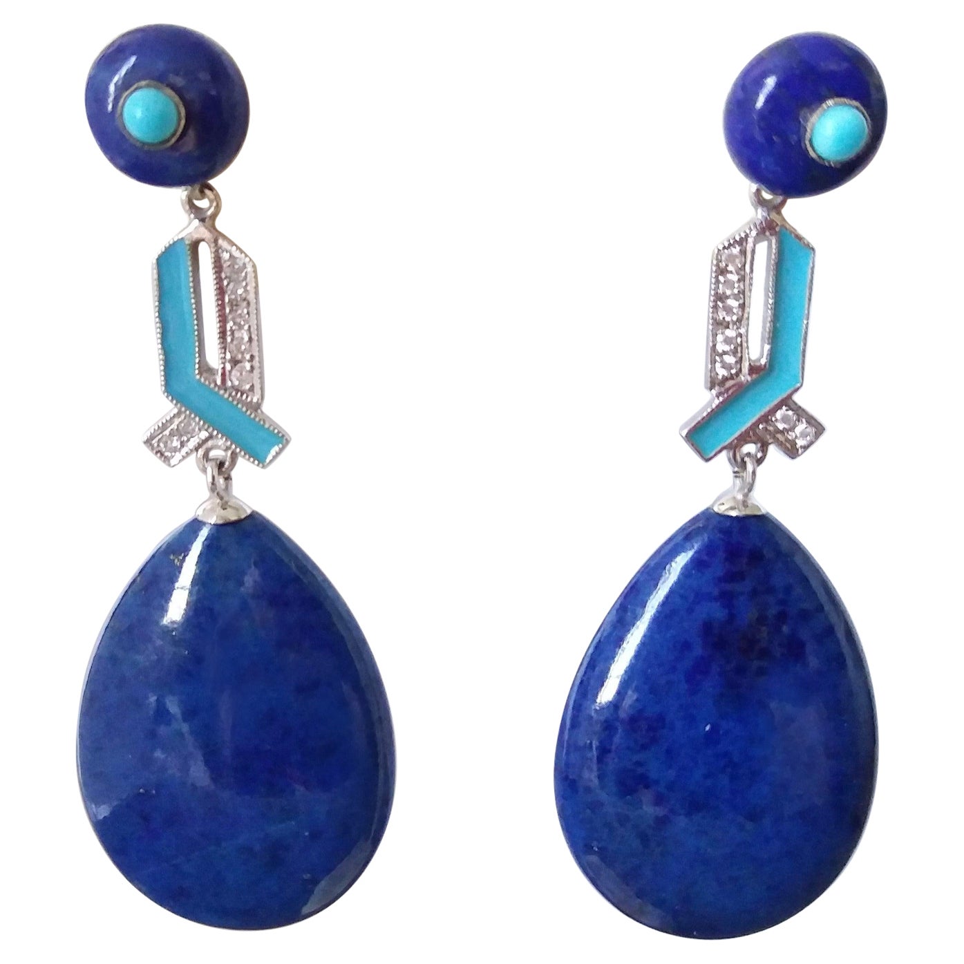 Pendientes Gota Lapislázuli Oro Turquesa Diamantes Esmalte Azul Estilo Art Déco