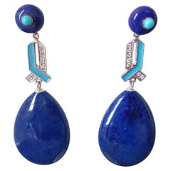 Pendientes Gota Lapislázuli Oro Turquesa Diamantes Esmalte Azul Estilo Art Déco