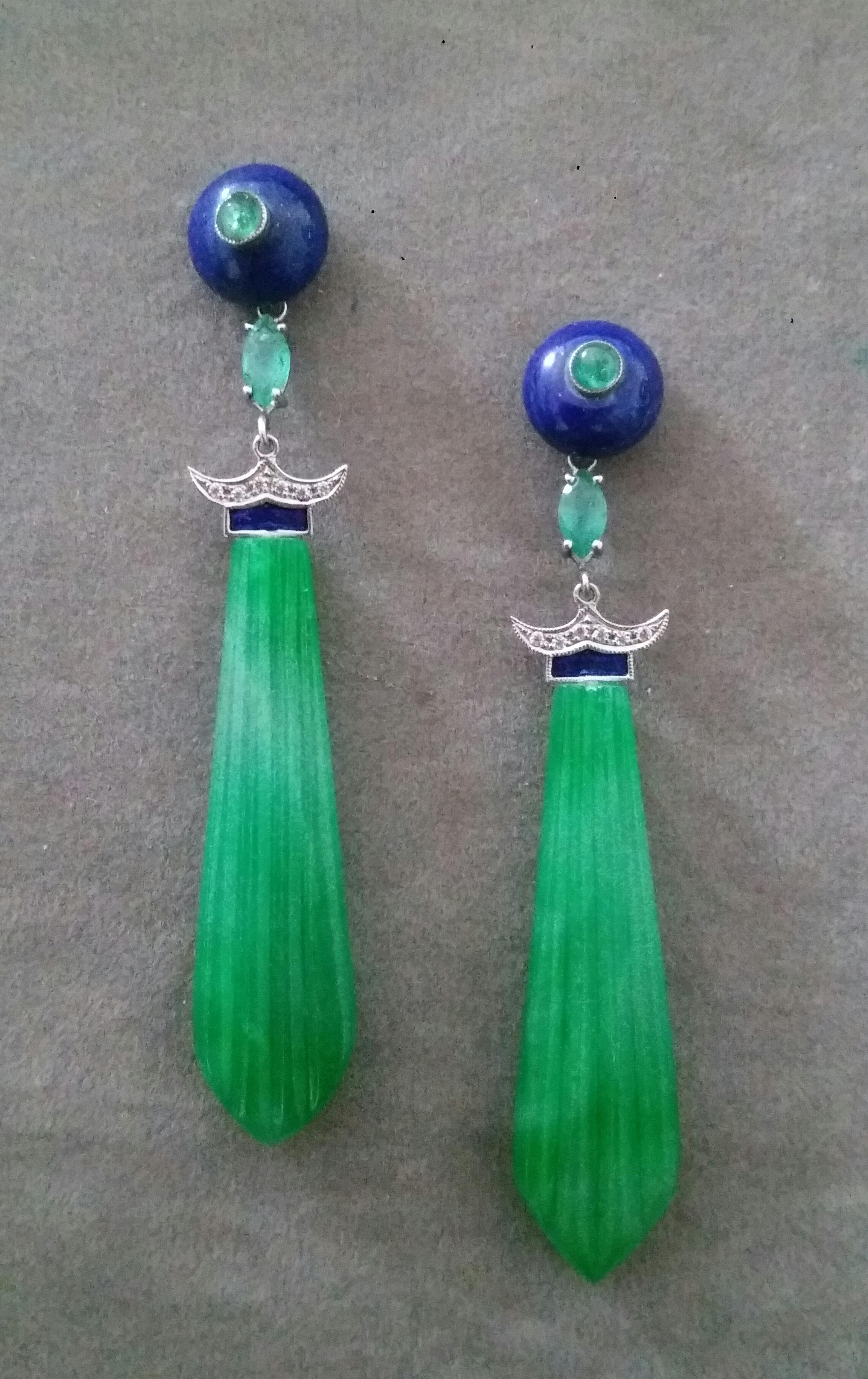 On the top of these classy Art Deco Style Earrings we have 2 round Lapis Lazuli buttons with small Emerald round cabs in the center , middle parts with 2 marquise cut Emeralds ,2 white gold elements ,12 round full cut diamonds and blue enamel,then