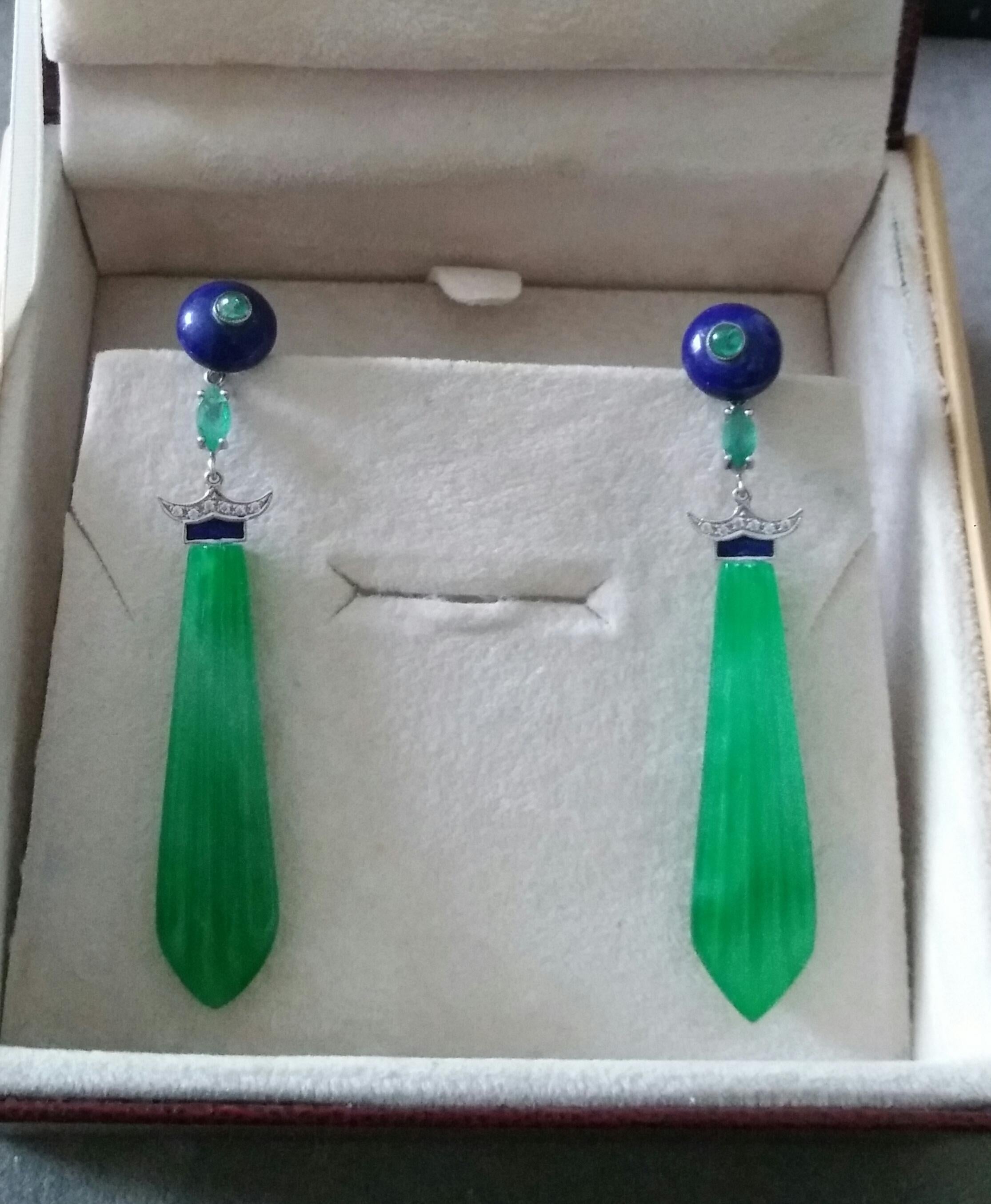 Art Deco Style Lapis Lazuli Jade Gold Diamond Emerald Blue Enamel Drop Earrings For Sale 1