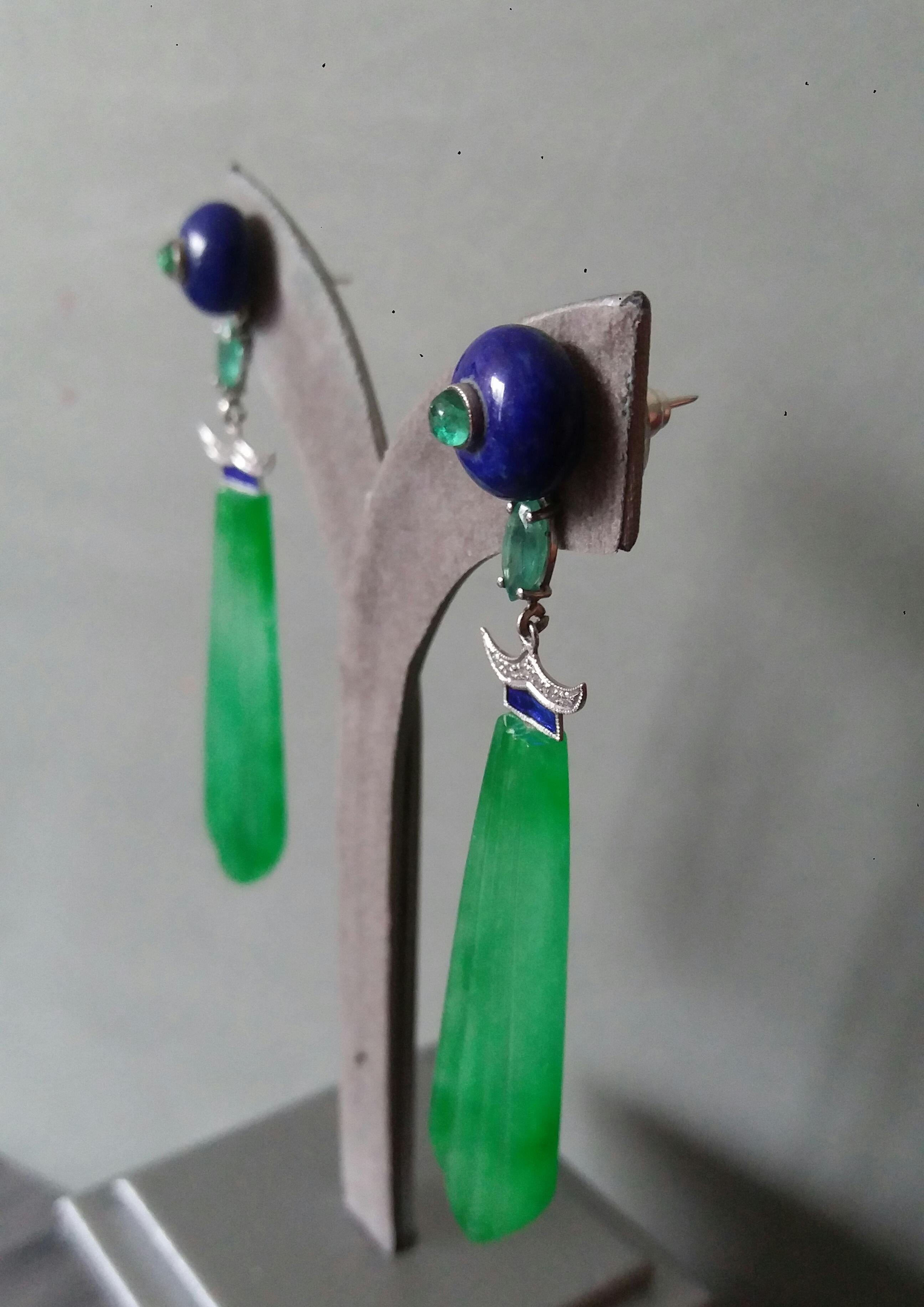 Art Deco Style Lapis Lazuli Jade Gold Diamond Emerald Blue Enamel Drop Earrings For Sale 4