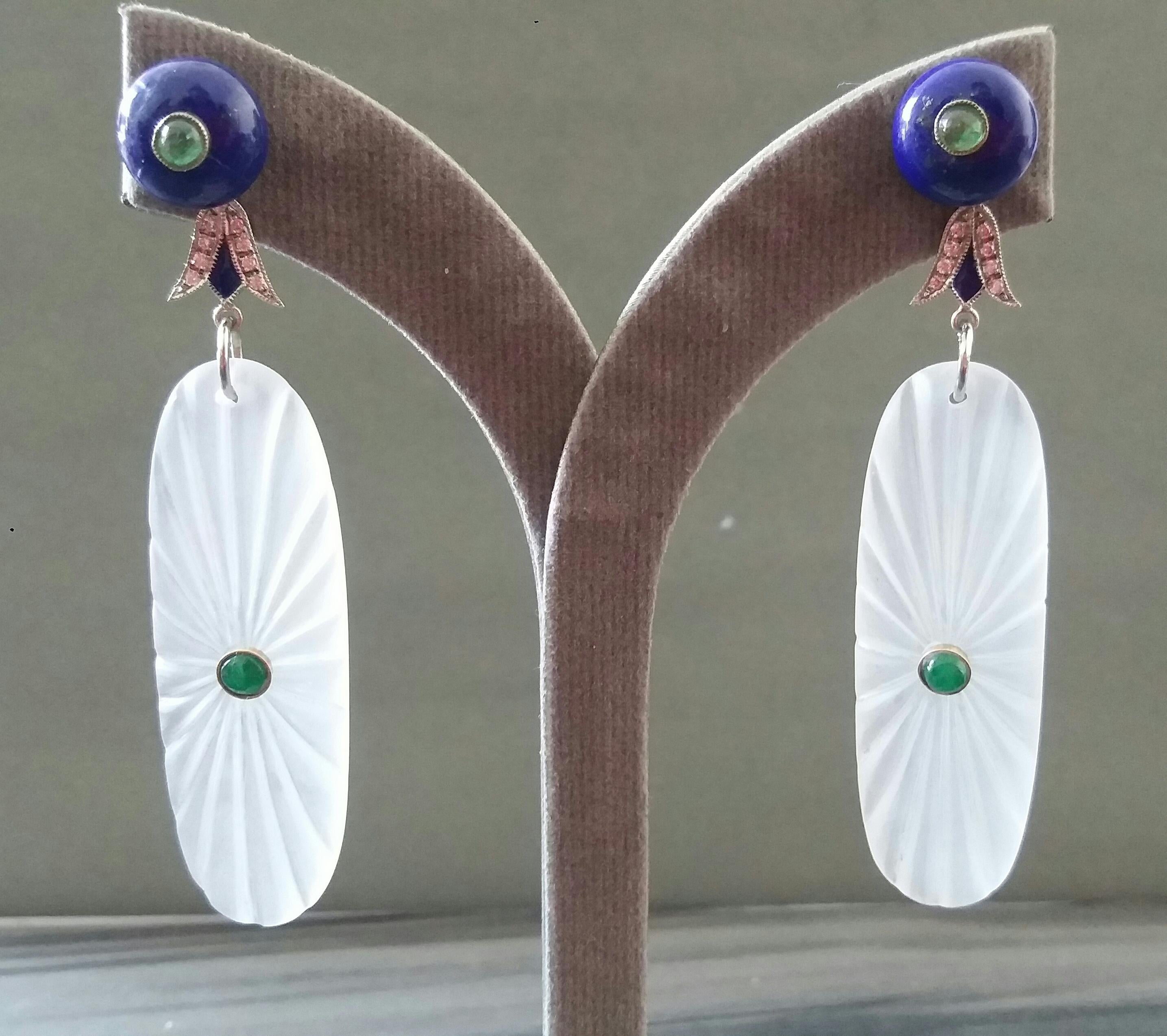 2 round Lapis Lazuli buttons with small emerald round cabs in the center  are on top, middle parts in white gold ,16 round full cut diamonds,blue enamel,2  Rock Crystal  engraved ovals  50 mm long with small Emerald round cabochons set in gold in