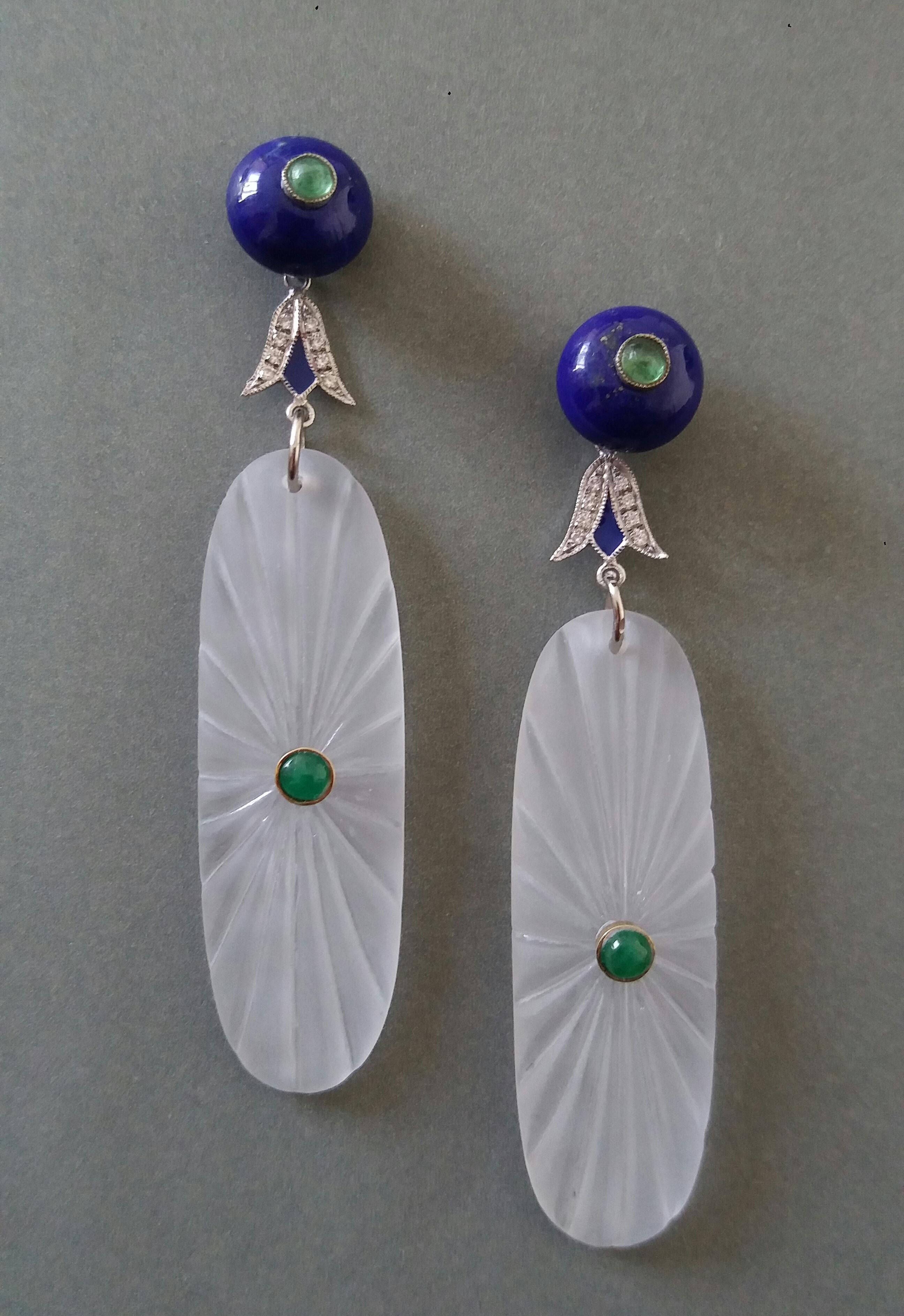 Women's Art Deco Style Lapis Lazuli Rock Crystal Gold Diamonds Emeralds Enamel Earrings For Sale