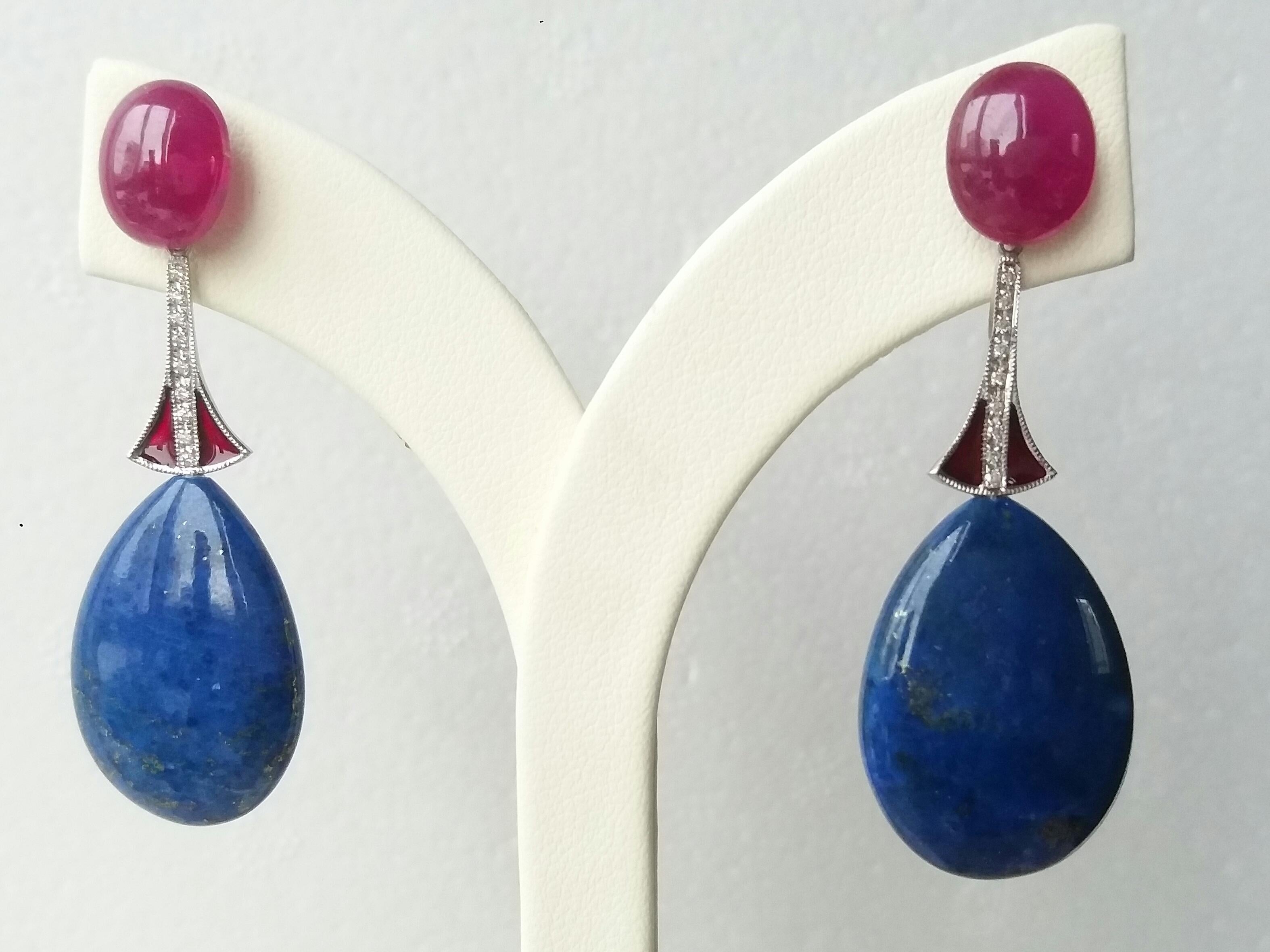 Mixed Cut Art Deco Style Lapis Lazuli Ruby 14K Gold Diamonds Red Enamel Dangle Earrings For Sale