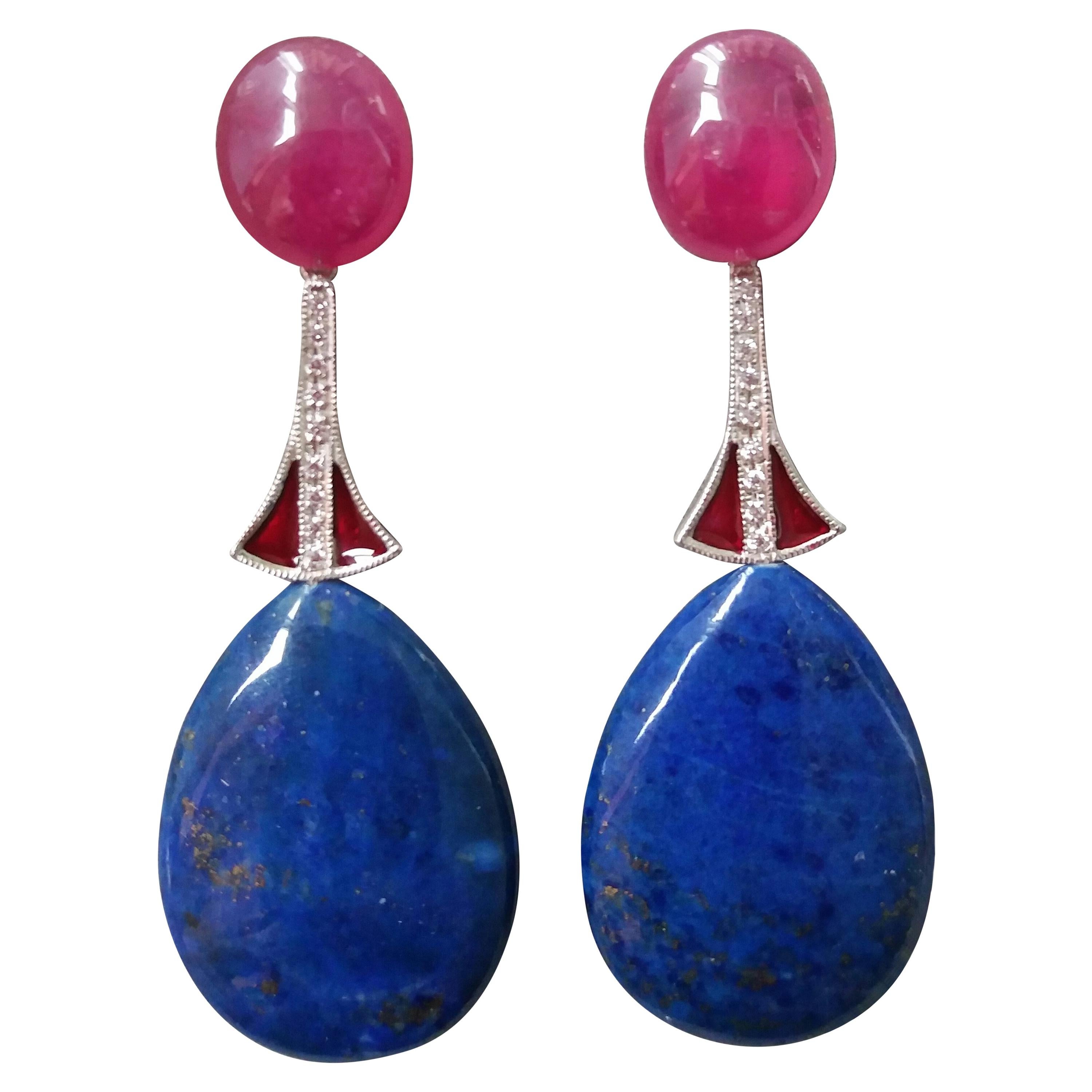 Art Deco Style Lapis Lazuli Ruby 14K Gold Diamonds Red Enamel Dangle Earrings For Sale