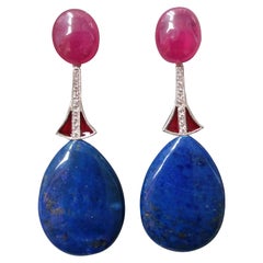 Art Deco Style Lapis Lazuli Ruby 14K Gold Diamonds Red Enamel Dangle Earrings