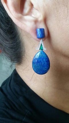 Pendants d'oreilles de style Art déco en or blanc, lapis-lazuli, diamants et émail vert