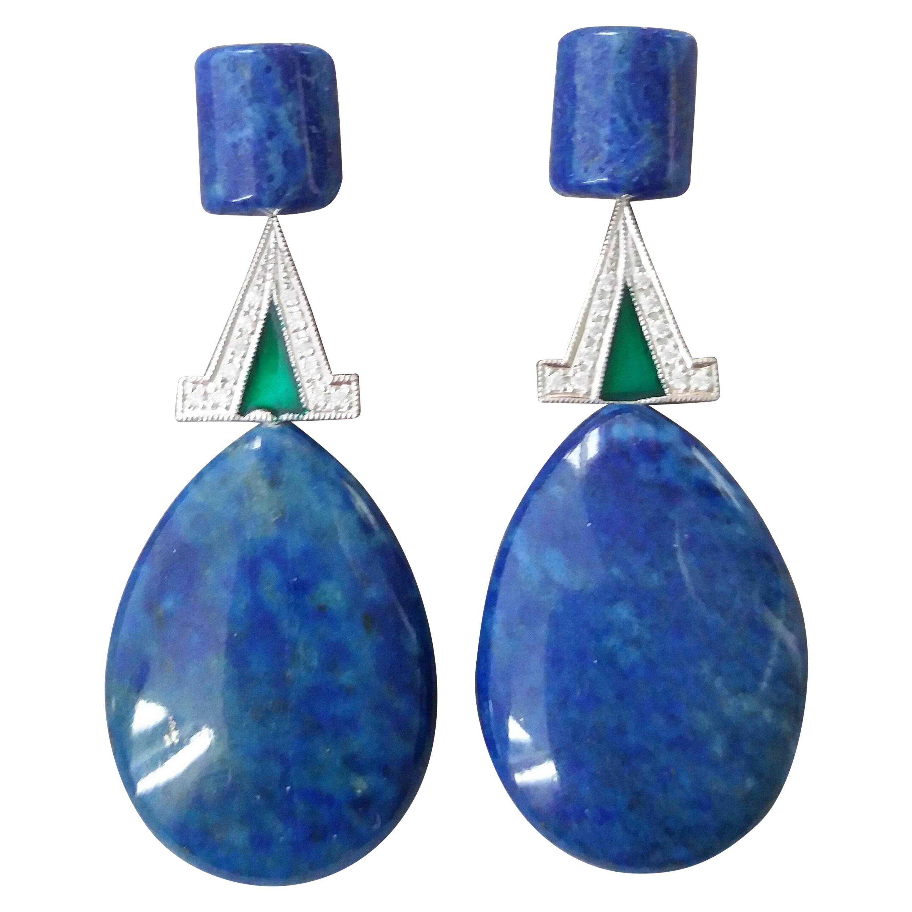 Art Deco Style Lapis Lazuli White Gold Diamonds Green Enamel Dangle Earrings For Sale