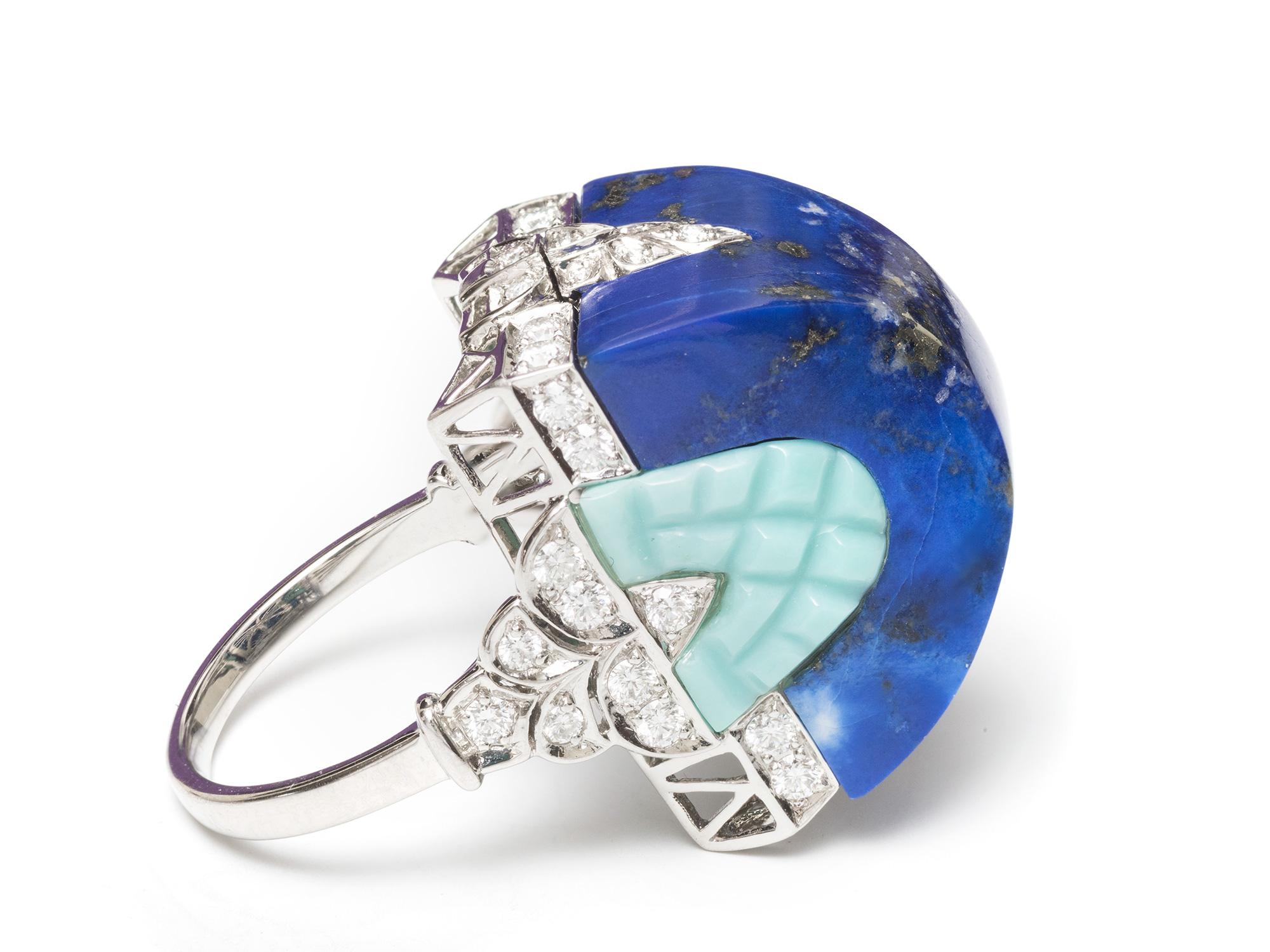 Brilliant Cut Art Deco Style Lapis/Turquoise/Diamond Ring For Sale