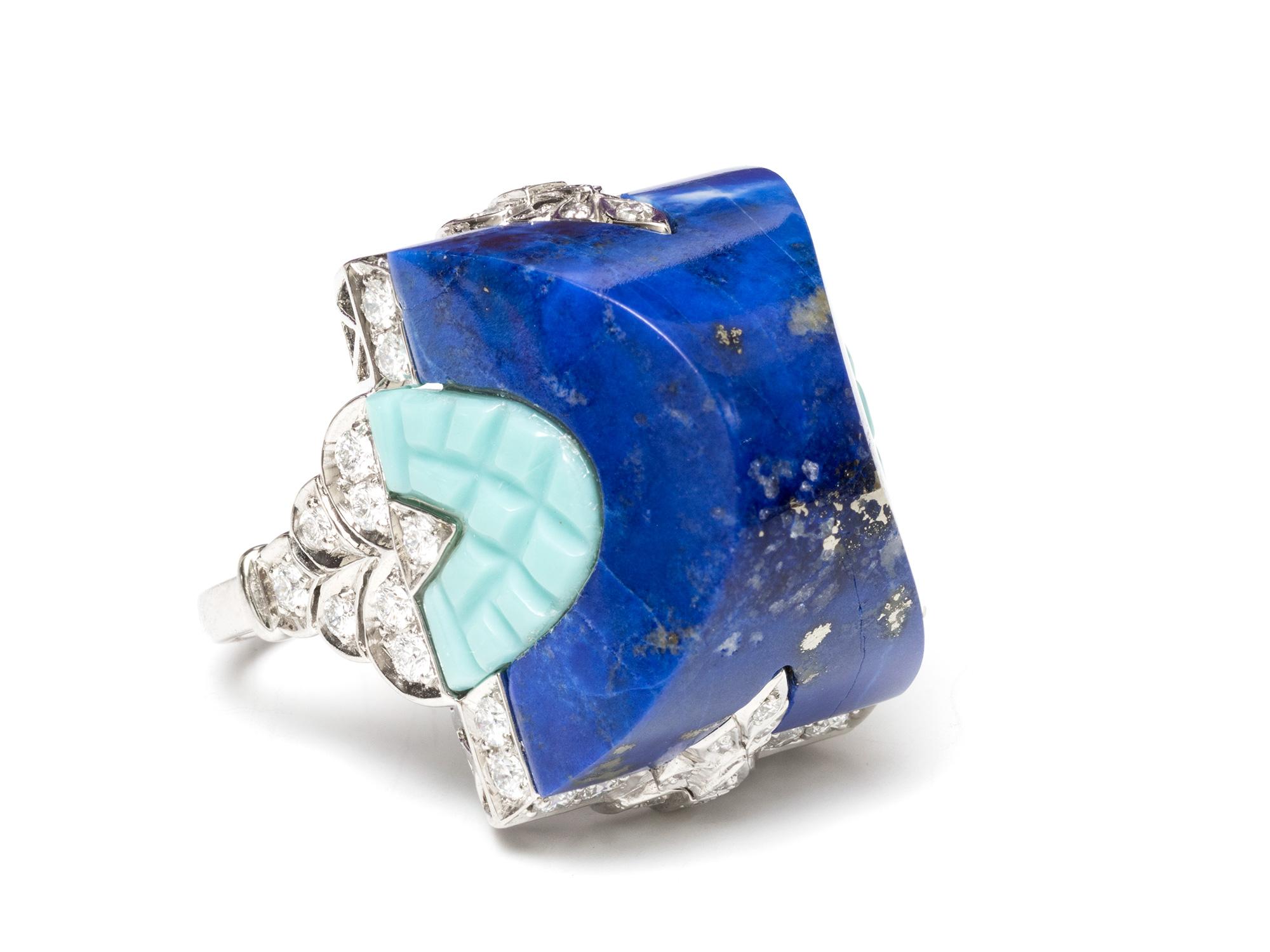 Art Deco Style Lapis/Turquoise/Diamond Ring In Good Condition For Sale In San Antonio, TX