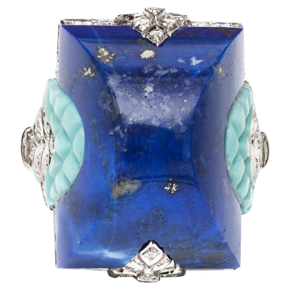 Art Deco Style Lapis/Turquoise/Diamond Ring For Sale