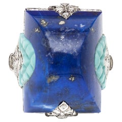 Art Deco Style Lapis/Turquoise/Diamond Ring