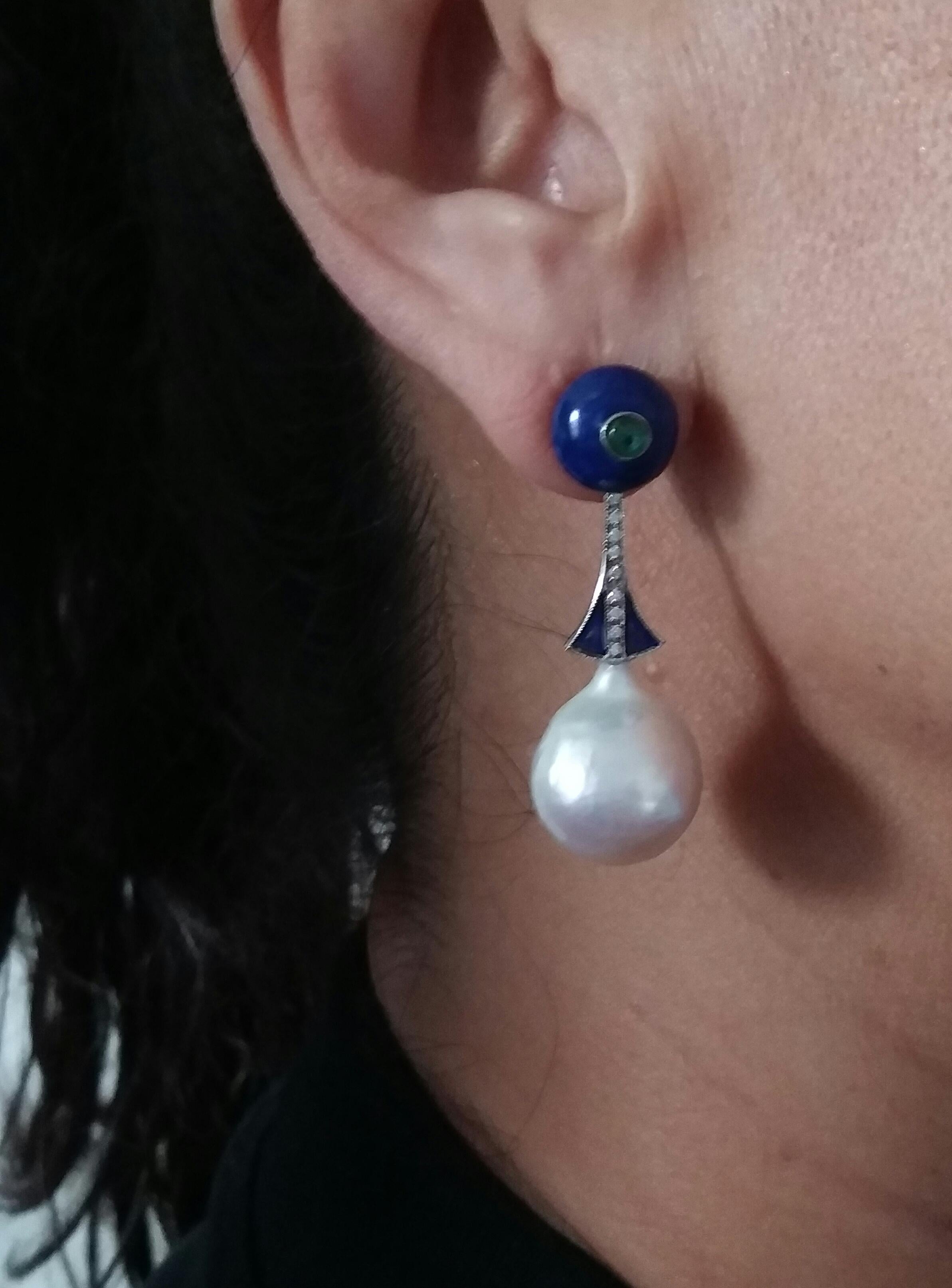 Art Deco Style Lapislazuli Baroque Pearls Gold Diamonds Emeralds Enamel Earrings For Sale 5