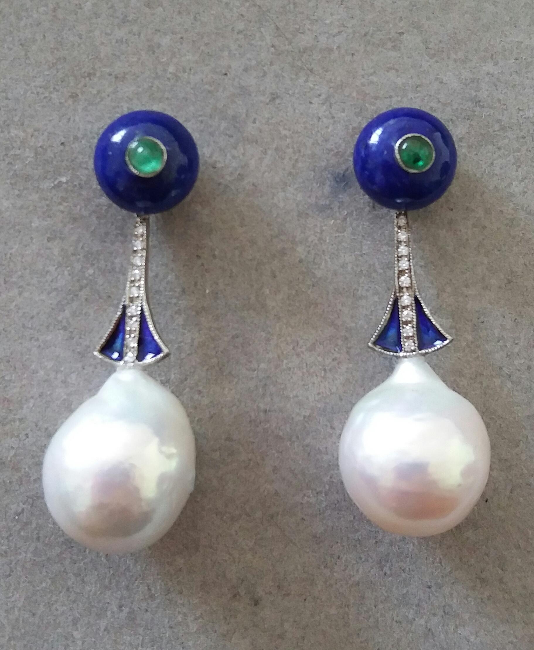 Art Deco Style Lapislazuli Baroque Pearls Gold Diamonds Emeralds Enamel Earrings For Sale 7