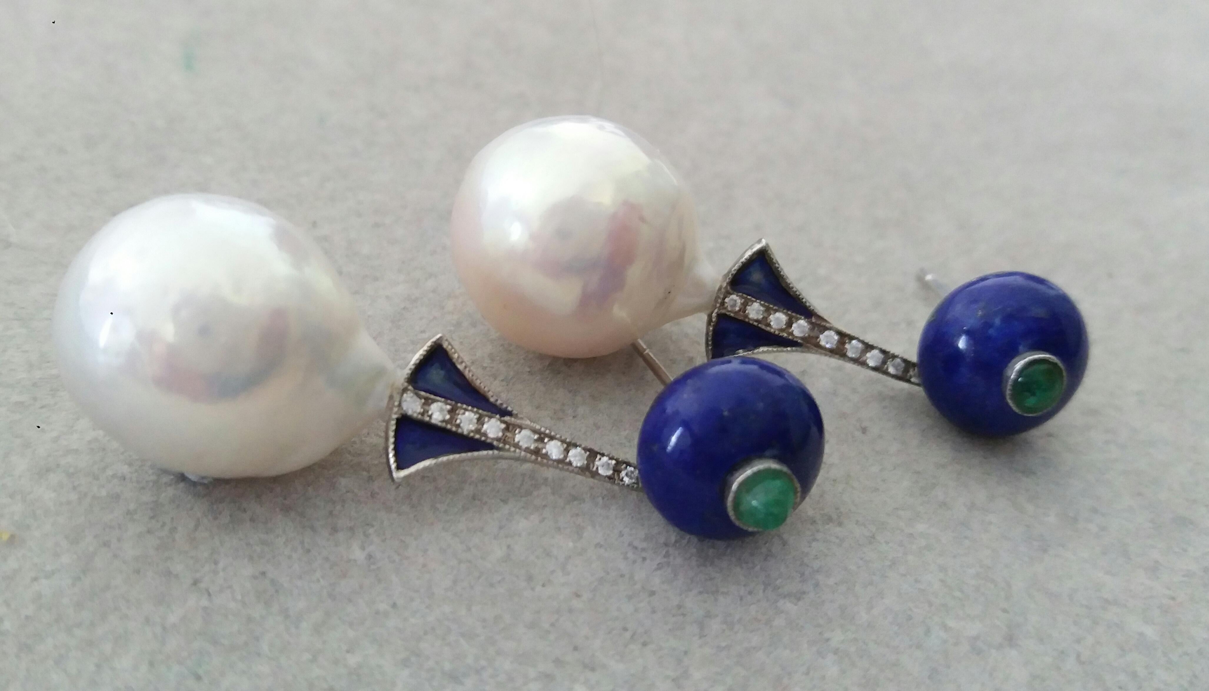 Art Deco Stil Lapislazuli Barock Perlen Gold Diamanten Smaragde Emaille-Ohrringe im Angebot 7