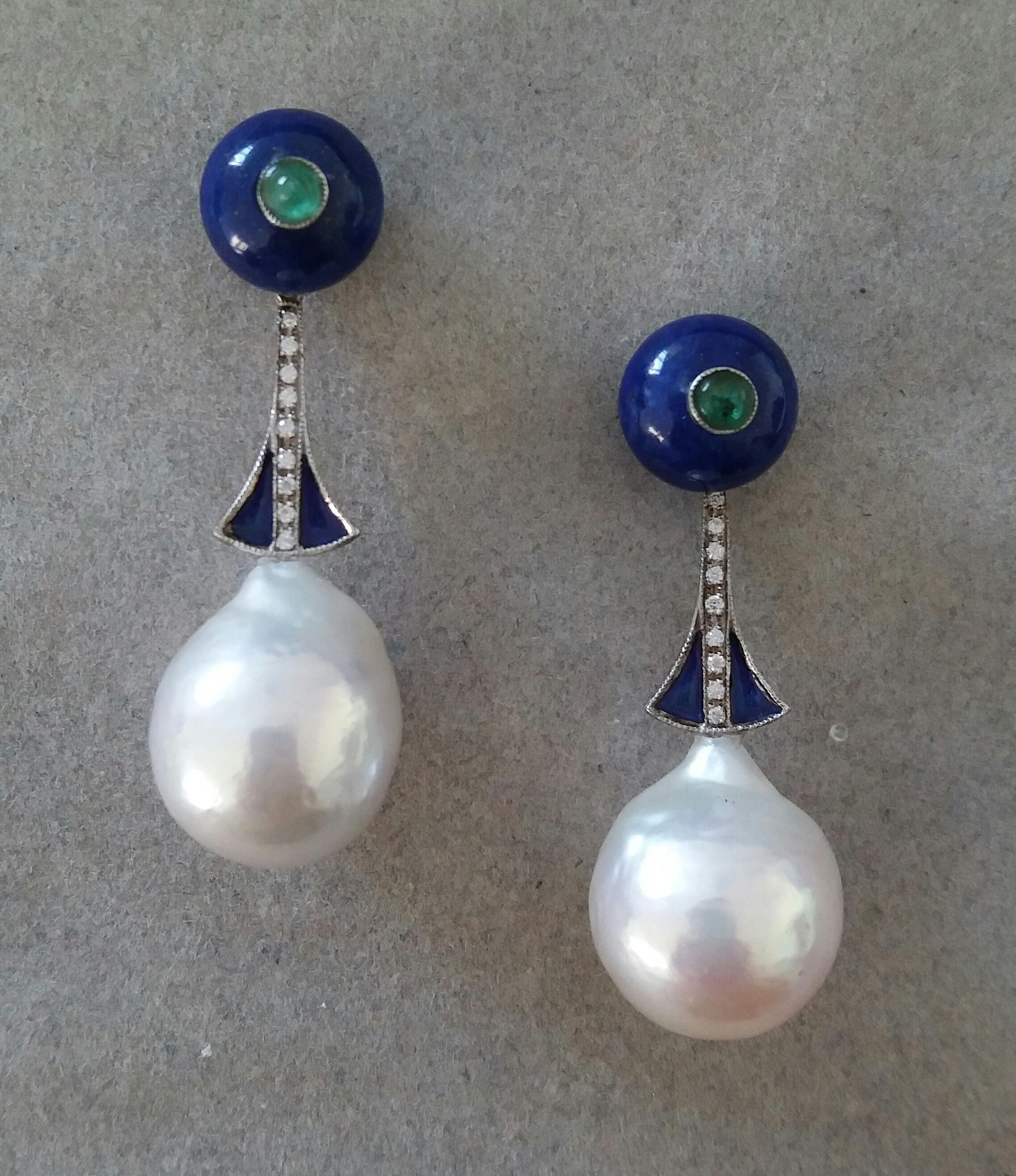 2 round buttons of 10 mm in diameter with in the middle 2 small round Emerald cabs are the upper part, then the central part is white gold,18 small round full cut diamonds and blue enamel, the lower part is composed of 2 white baroque pearls with a