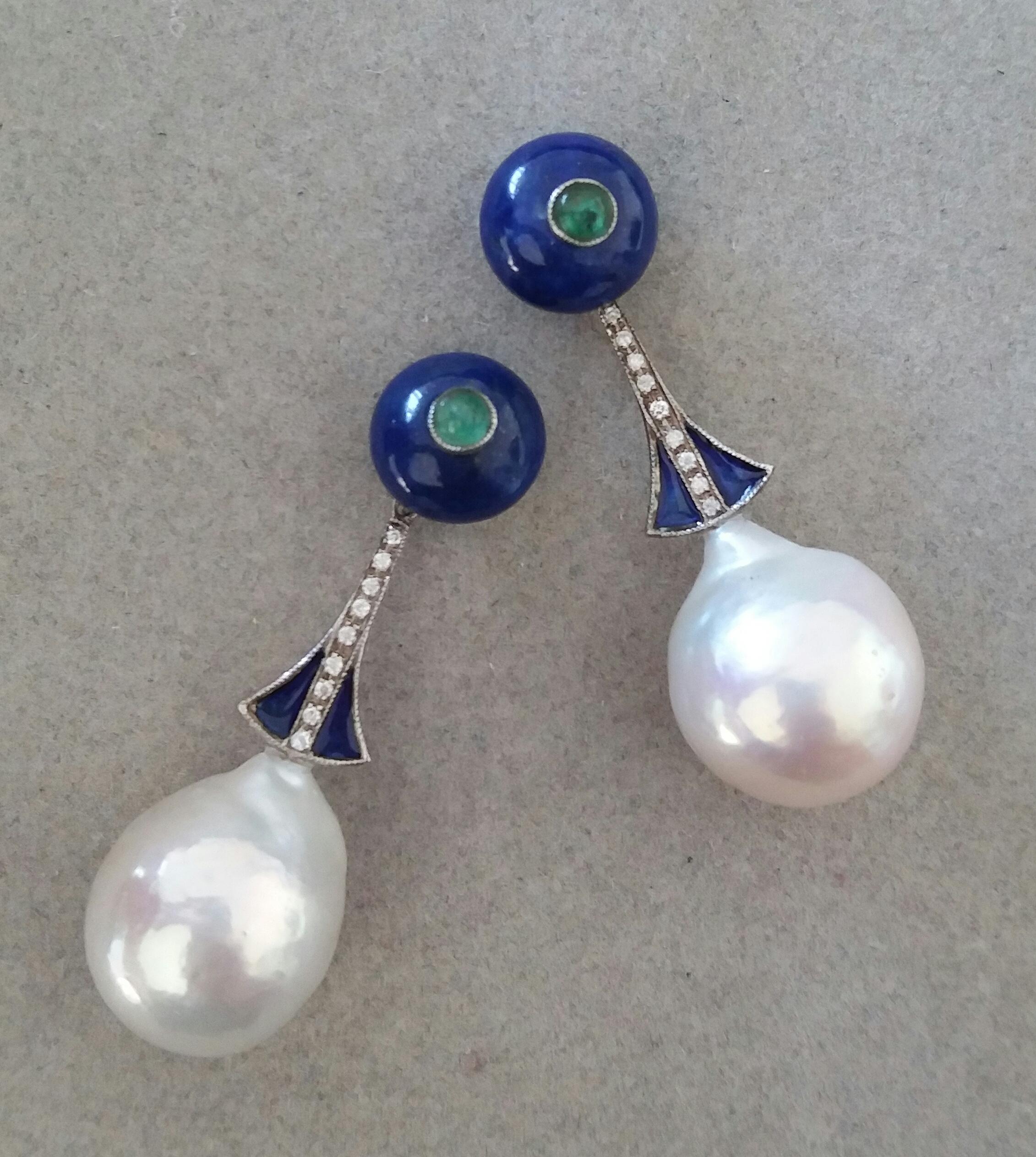 Cabochon Art Deco Style Lapislazuli Baroque Pearls Gold Diamonds Emeralds Enamel Earrings For Sale