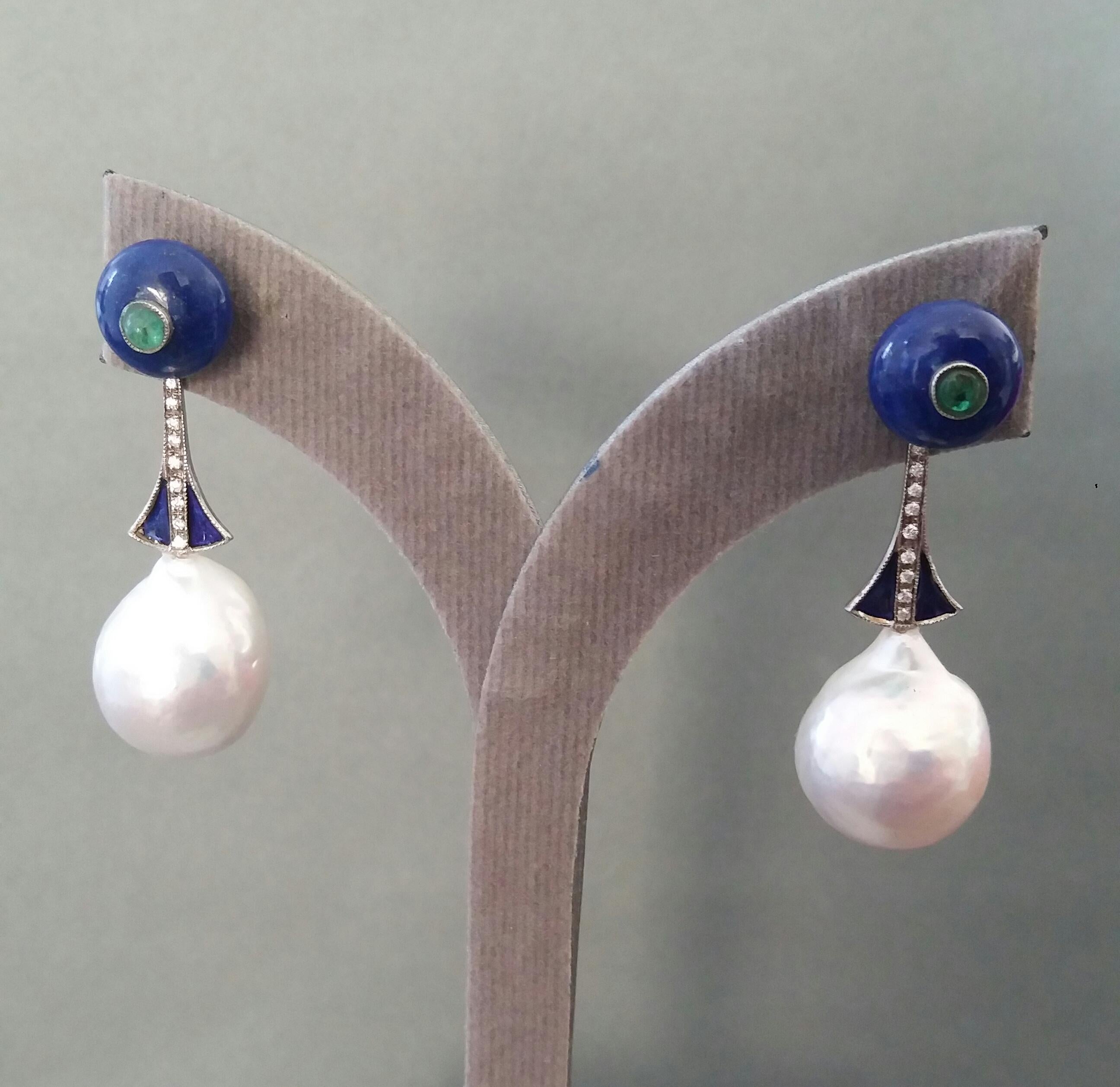 Art Deco Style Lapislazuli Baroque Pearls Gold Diamonds Emeralds Enamel Earrings For Sale 3