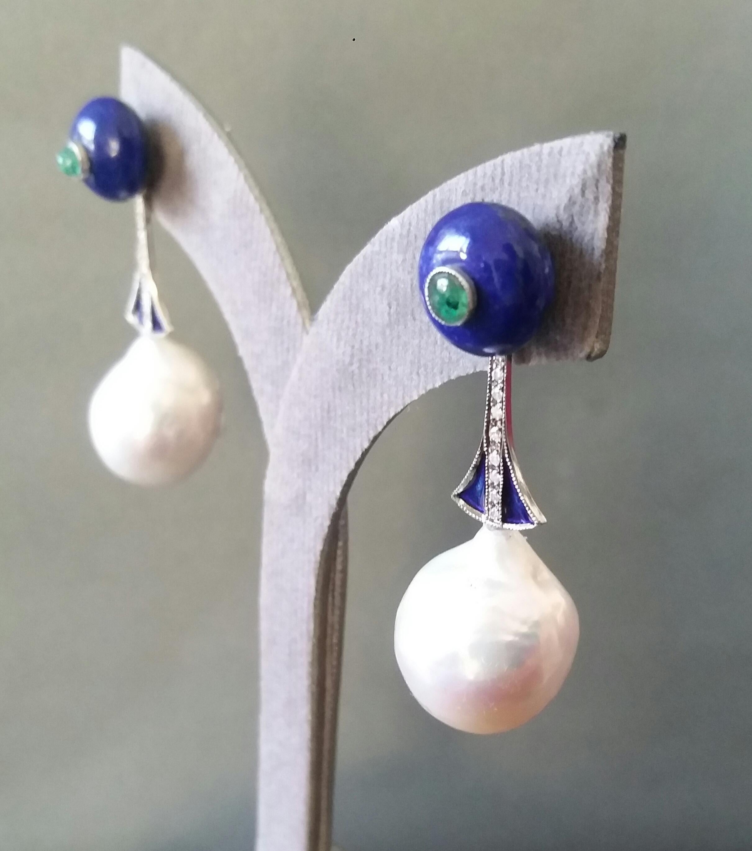 Art Deco Style Lapislazuli Baroque Pearls Gold Diamonds Emeralds Enamel Earrings For Sale 4