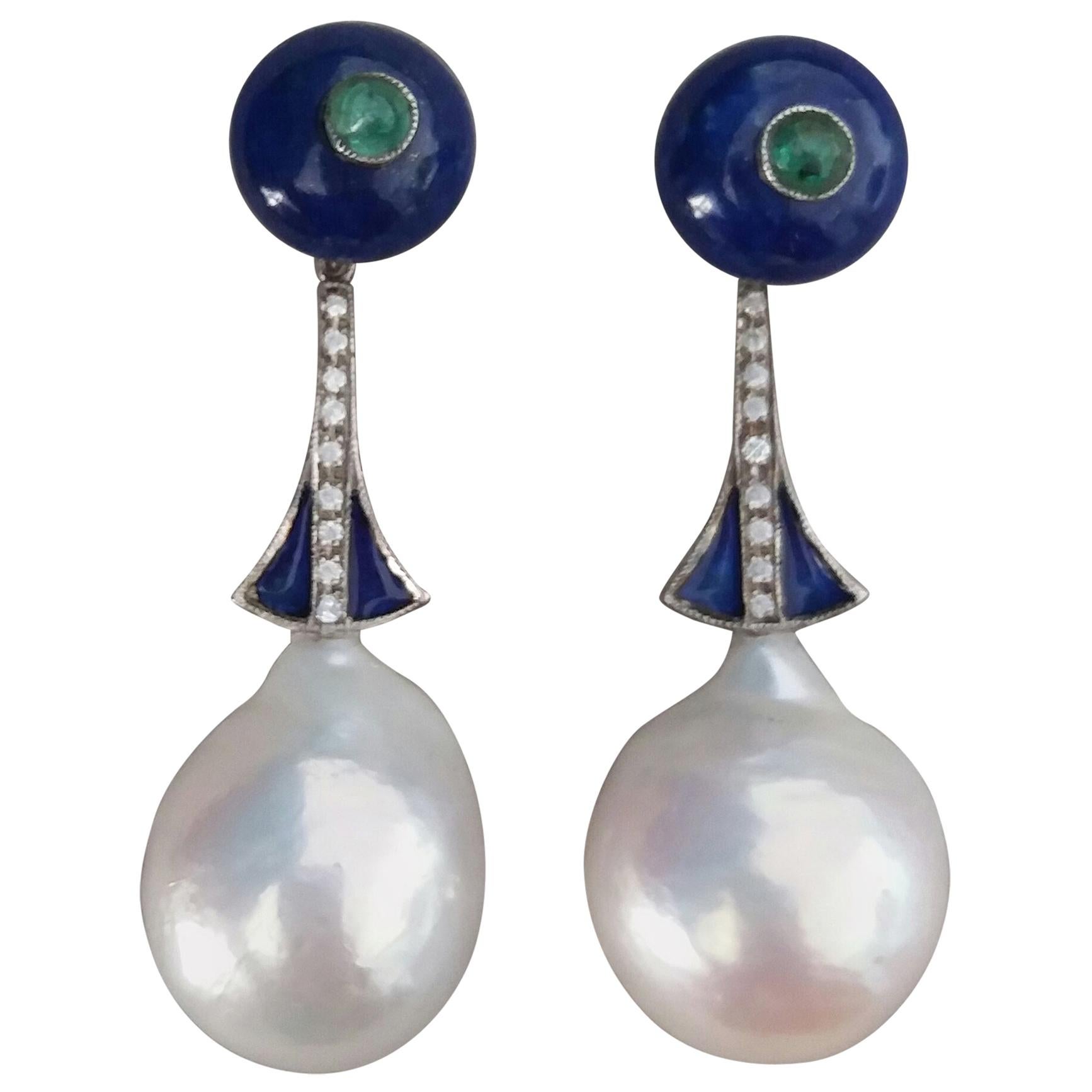 Art Deco Style Lapislazuli Baroque Pearls Gold Diamonds Emeralds Enamel Earrings For Sale