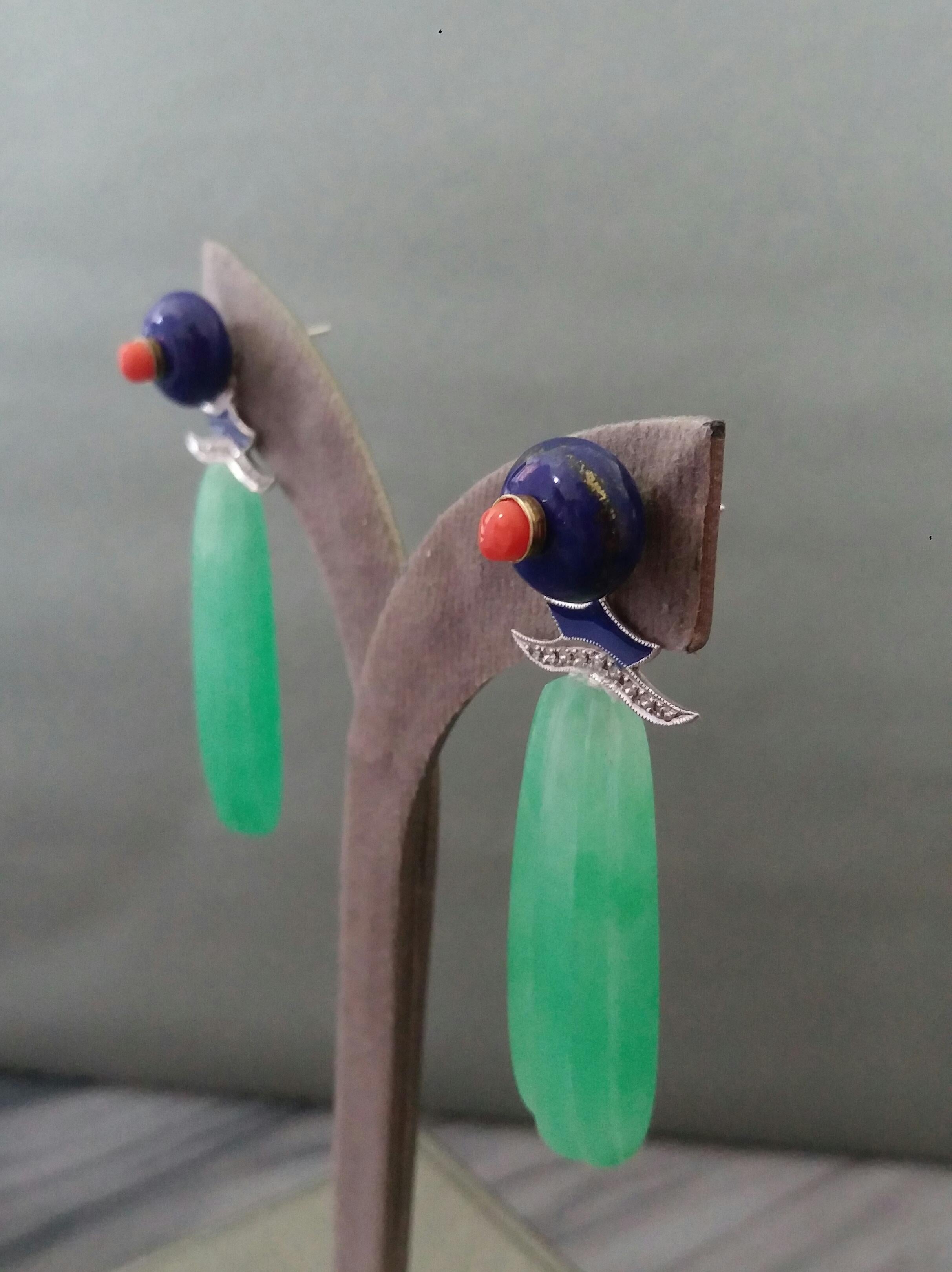 Art Deco Style LapisLazuli Gold Diamonds Coral Enamel Carved Jade Drop Earrings For Sale 6