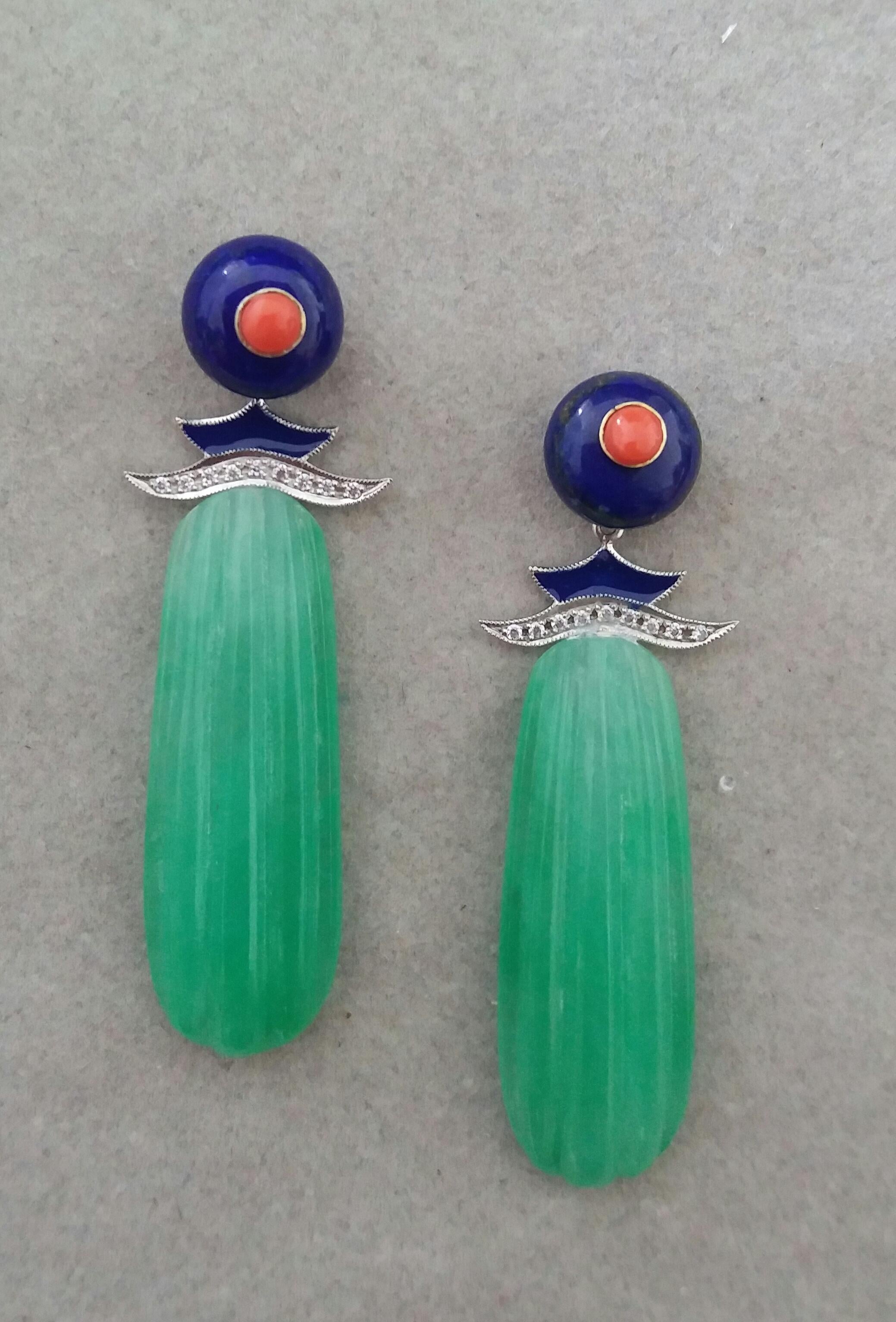 Mixed Cut Art Deco Style LapisLazuli Gold Diamonds Coral Enamel Carved Jade Drop Earrings For Sale