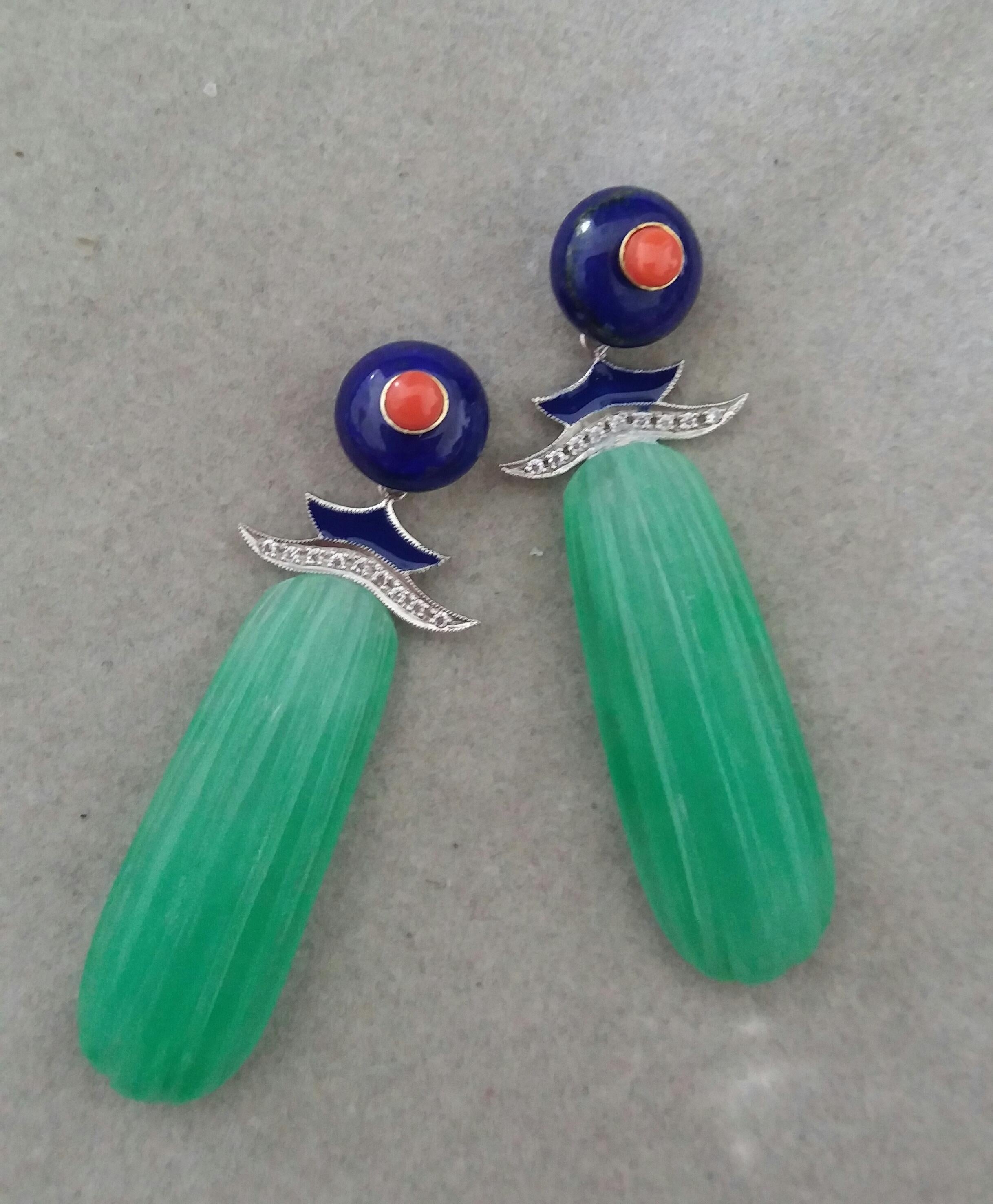 Art Deco Style LapisLazuli Gold Diamonds Coral Enamel Carved Jade Drop Earrings In Good Condition For Sale In Bangkok, TH