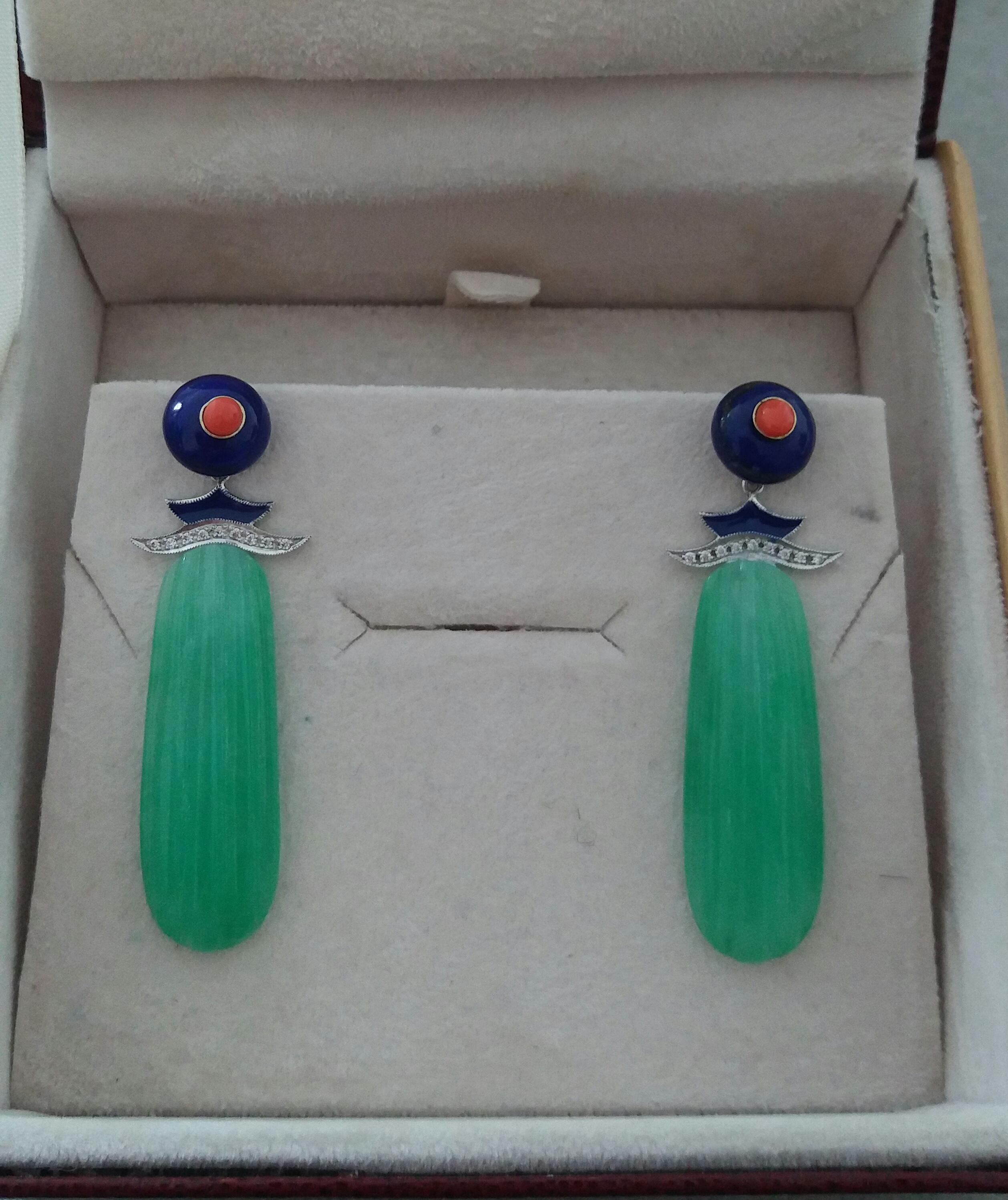 Art Deco Style LapisLazuli Gold Diamonds Coral Enamel Carved Jade Drop Earrings For Sale 2