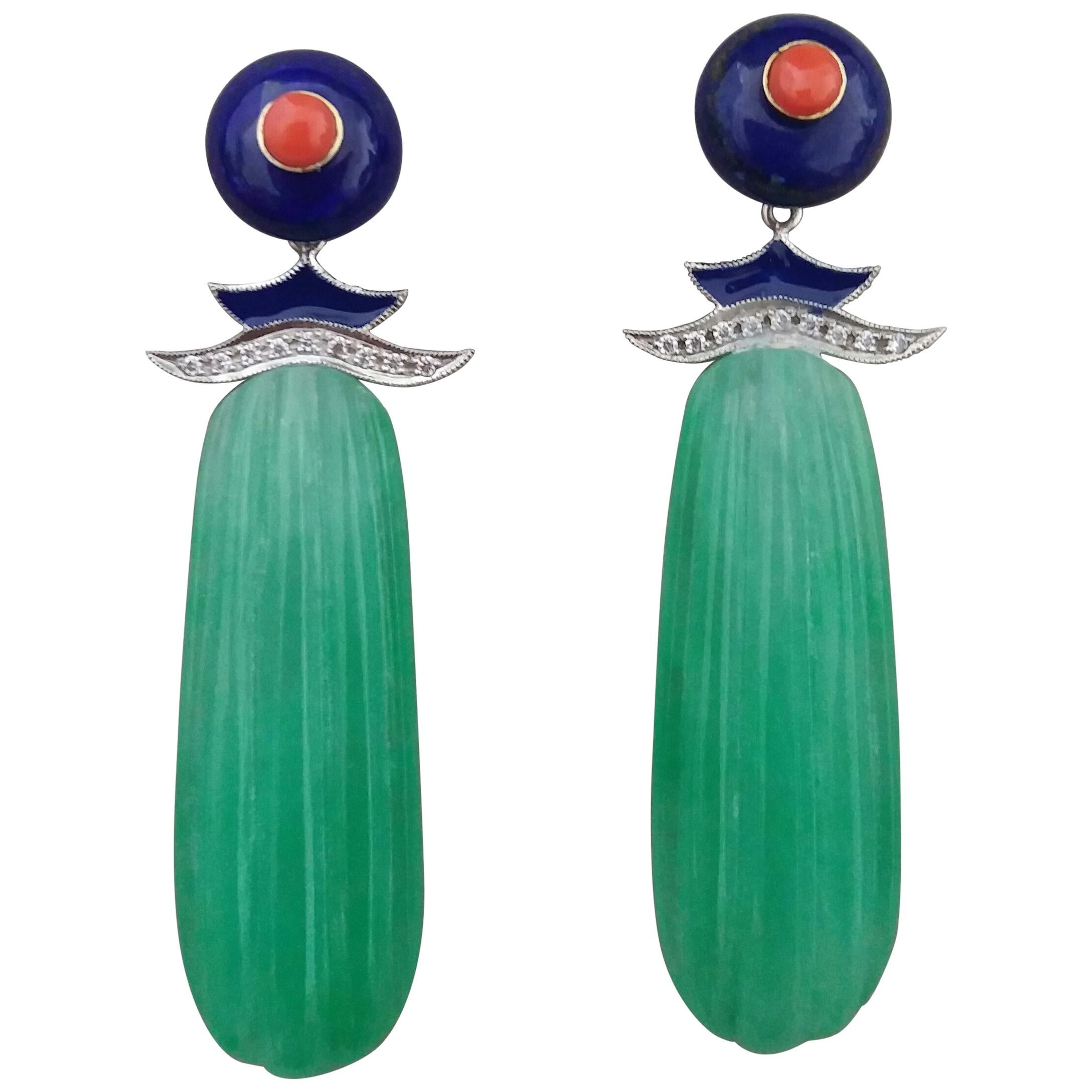 Art Deco Style LapisLazuli Gold Diamonds Coral Enamel Carved Jade Drop Earrings