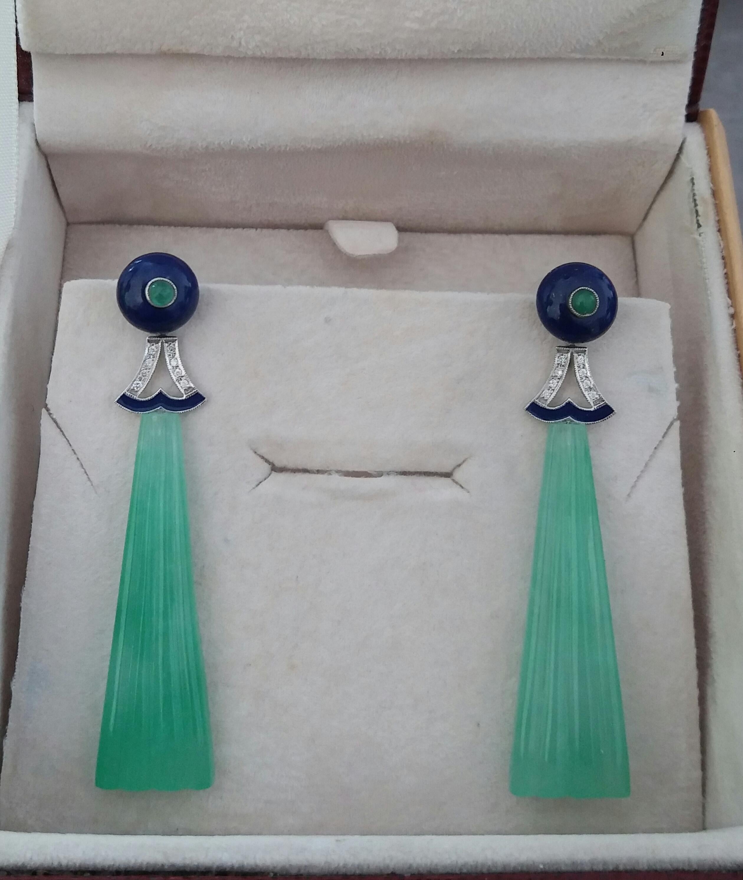 Art Deco Style LapisLazuli Jade Gold Diamond Emerald Blue Enamel Dangle Earrings For Sale 5