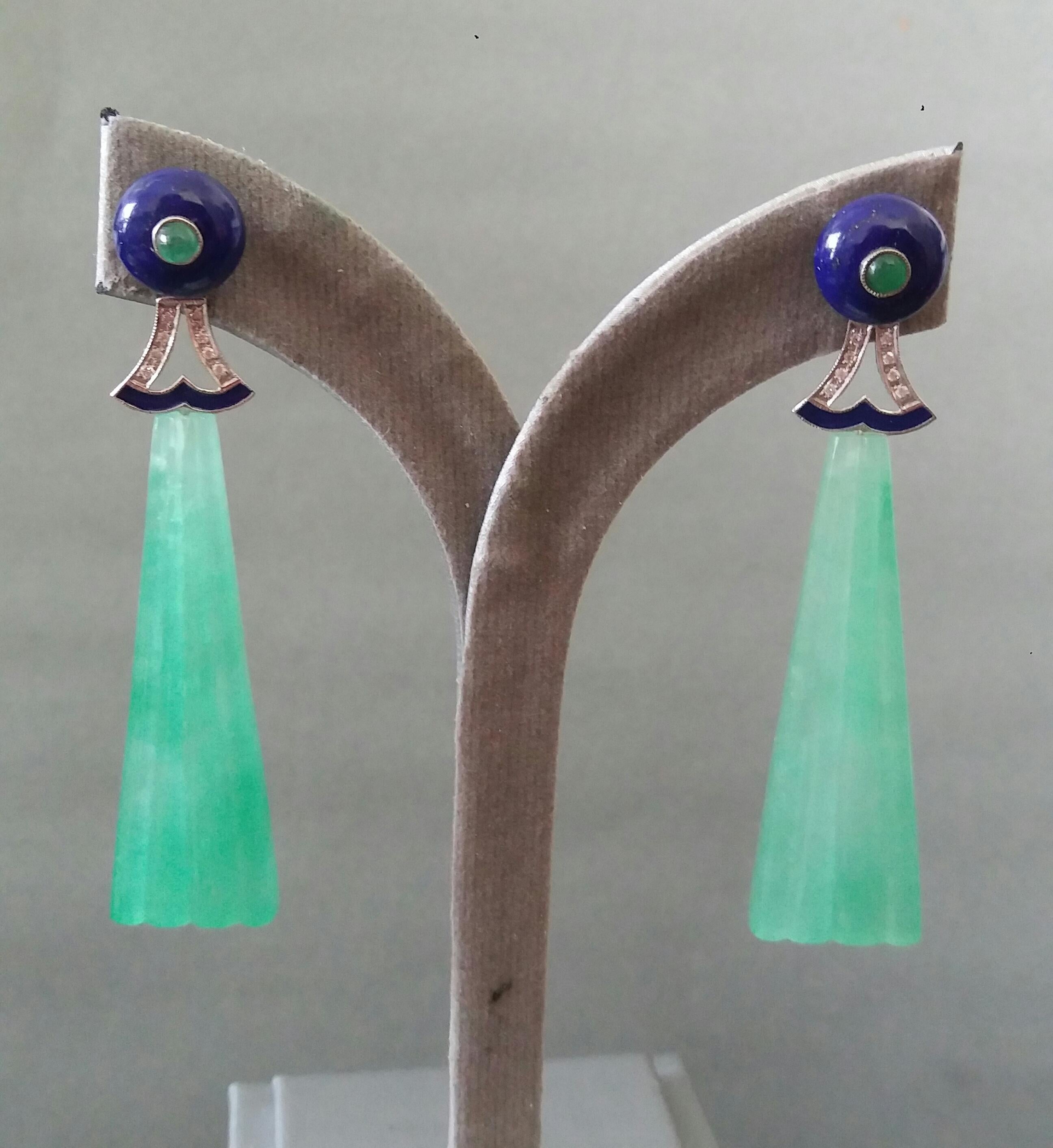 Art Deco Style LapisLazuli Jade Gold Diamond Emerald Blue Enamel Dangle Earrings For Sale 7