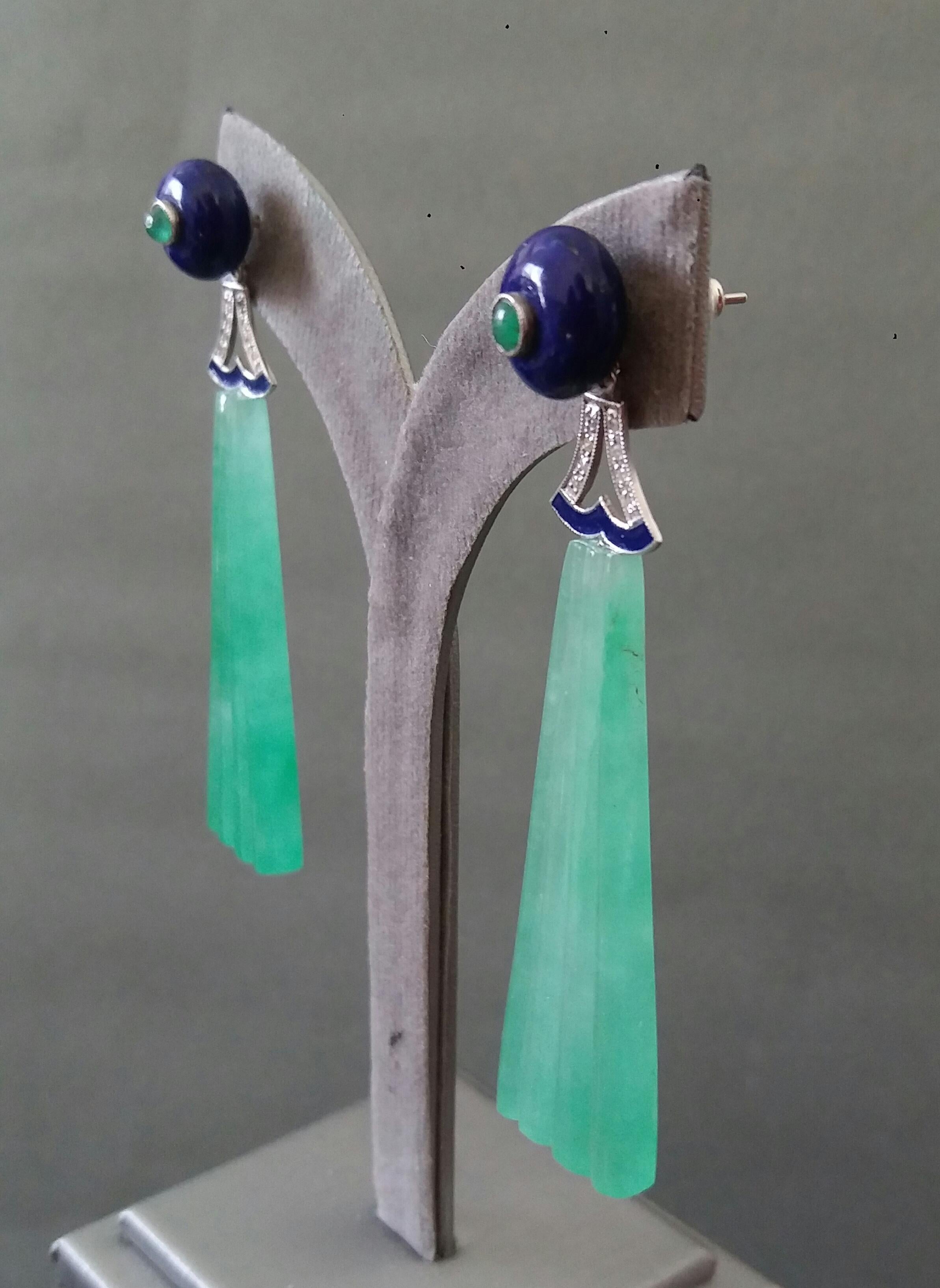Art Deco Style LapisLazuli Jade Gold Diamond Emerald Blue Enamel Dangle Earrings For Sale 8