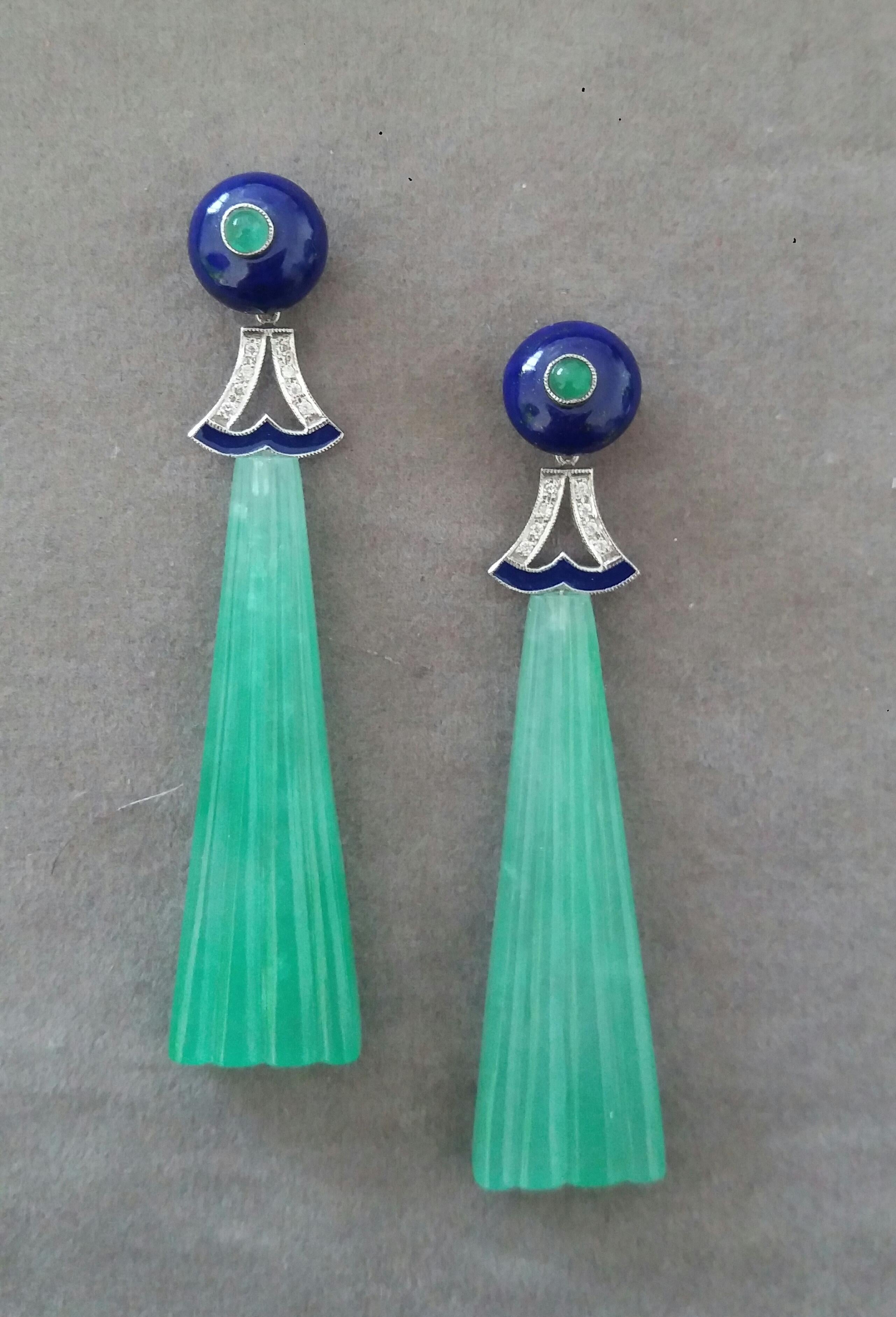 Women's Art Deco Style LapisLazuli Jade Gold Diamond Emerald Blue Enamel Dangle Earrings For Sale