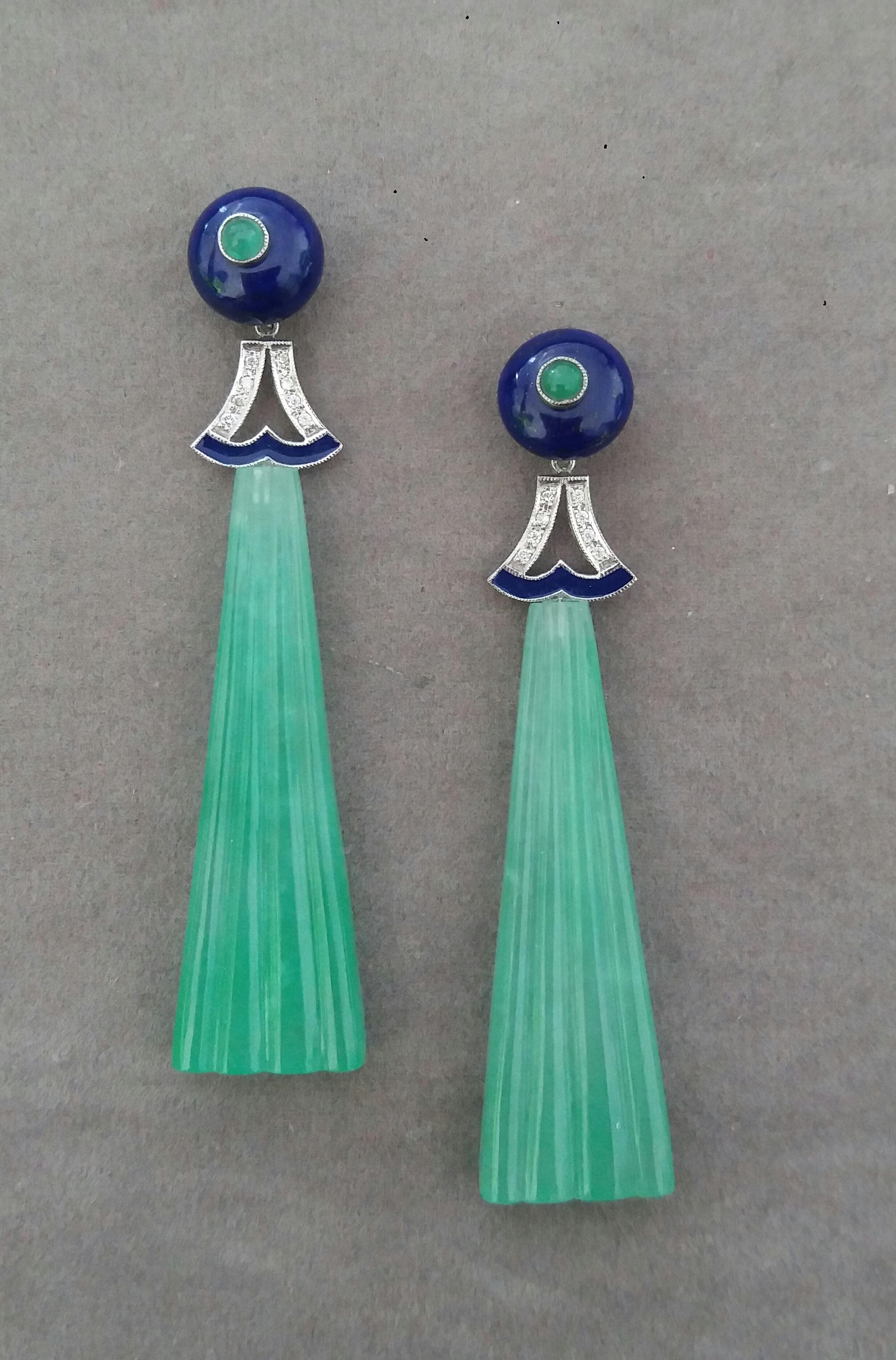 Art Deco Style LapisLazuli Jade Gold Diamond Emerald Blue Enamel Dangle Earrings For Sale 1