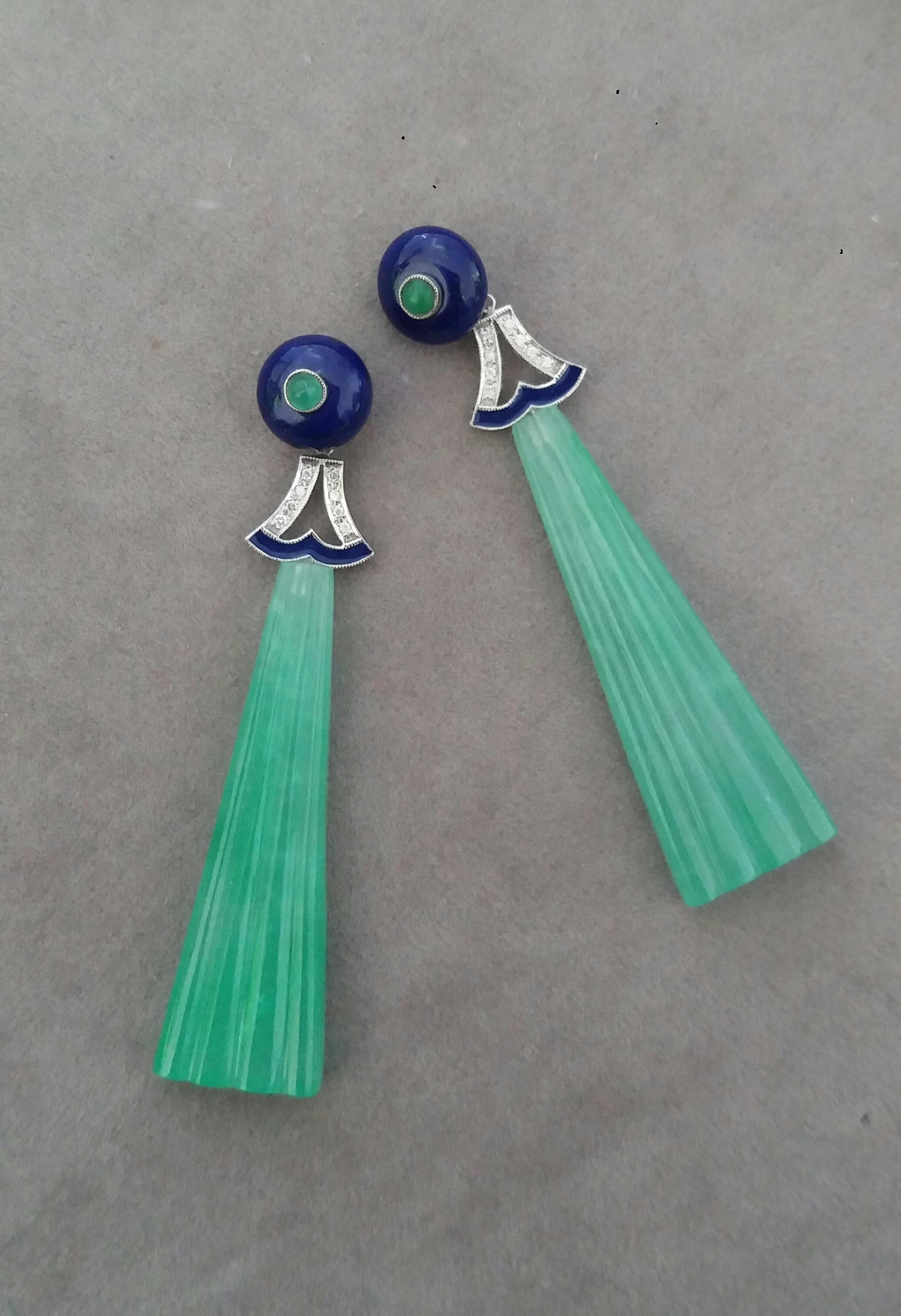 Art Deco Style LapisLazuli Jade Gold Diamond Emerald Blue Enamel Dangle Earrings For Sale 2
