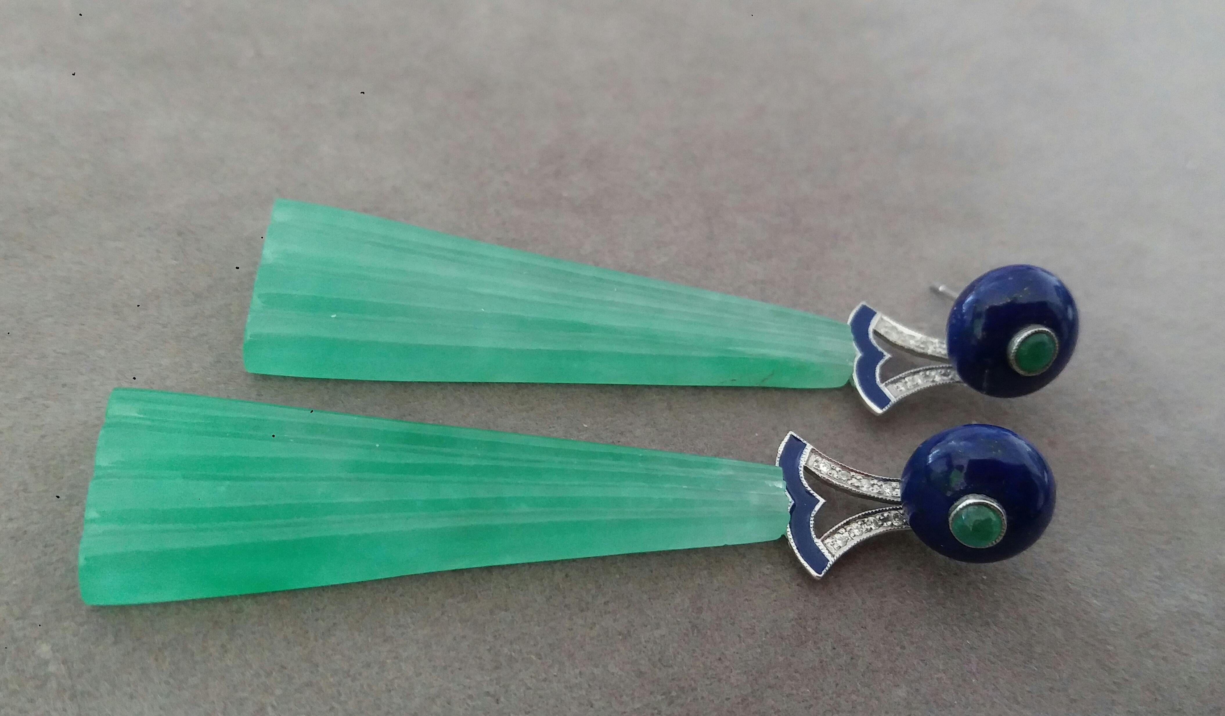 Art Deco Style LapisLazuli Jade Gold Diamond Emerald Blue Enamel Dangle Earrings For Sale 3