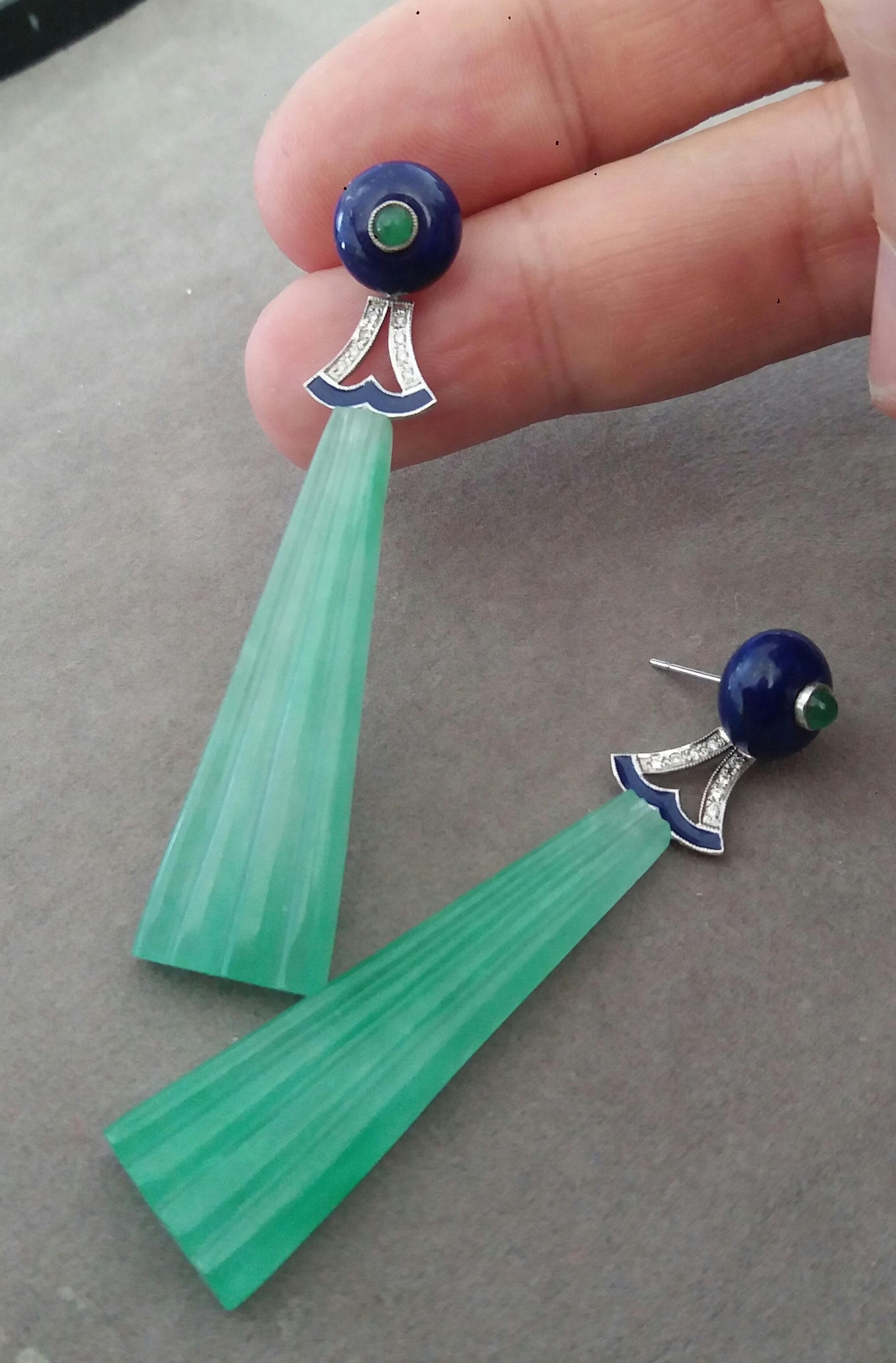 Art Deco Style LapisLazuli Jade Gold Diamond Emerald Blue Enamel Dangle Earrings For Sale 4