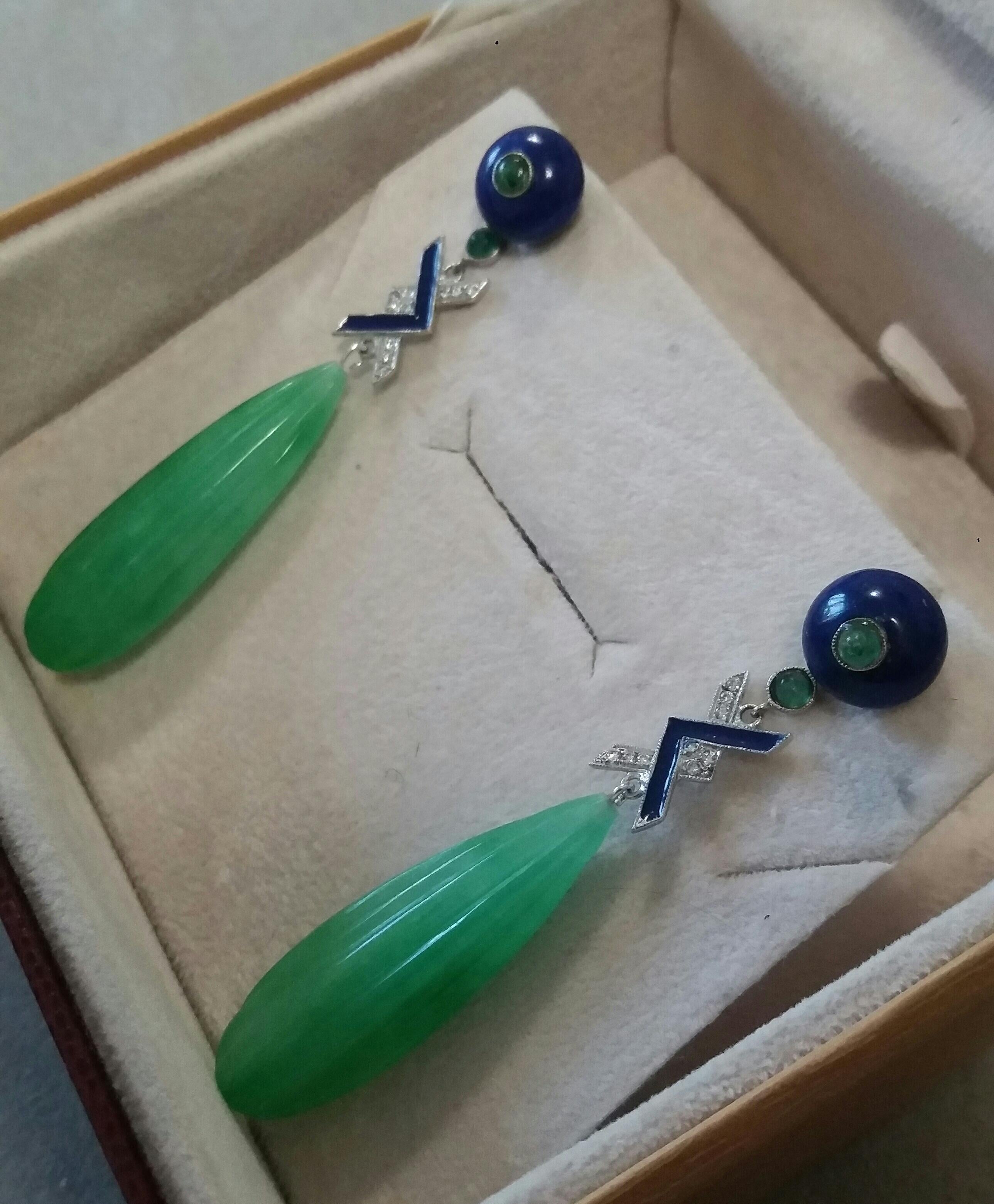 Art Deco Style LapisLazuli Jade Gold Diamonds Emeralds Blue Enamel Drop Earrings For Sale 5