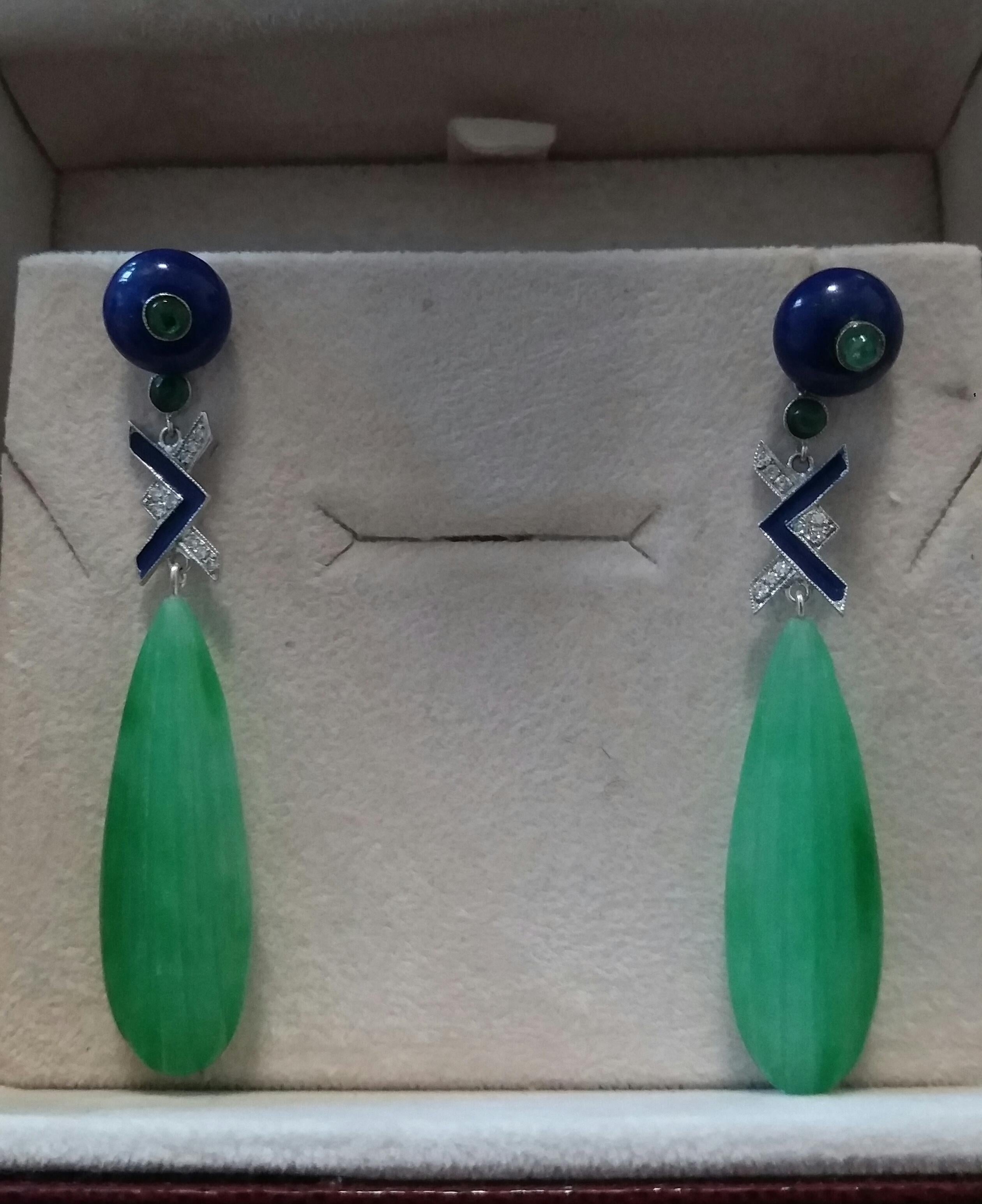 Art Deco Style LapisLazuli Jade Gold Diamonds Emeralds Blue Enamel Drop Earrings For Sale 6