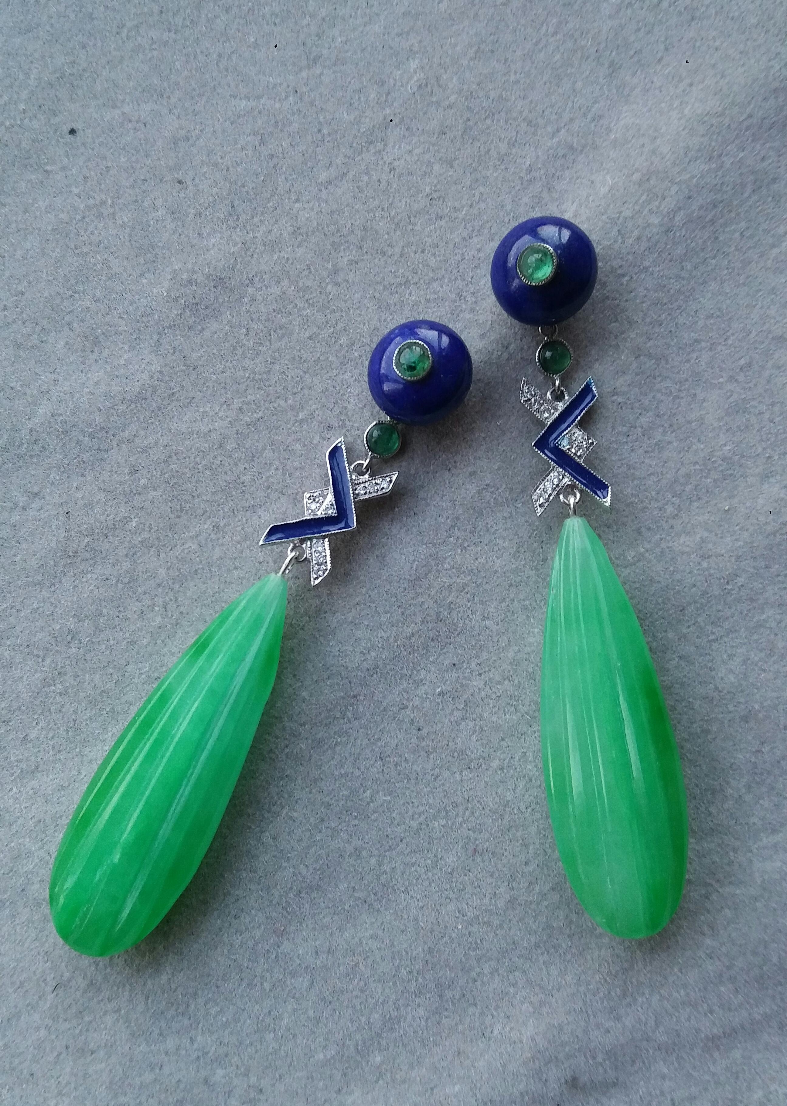 Mixed Cut Art Deco Style LapisLazuli Jade Gold Diamonds Emeralds Blue Enamel Drop Earrings For Sale