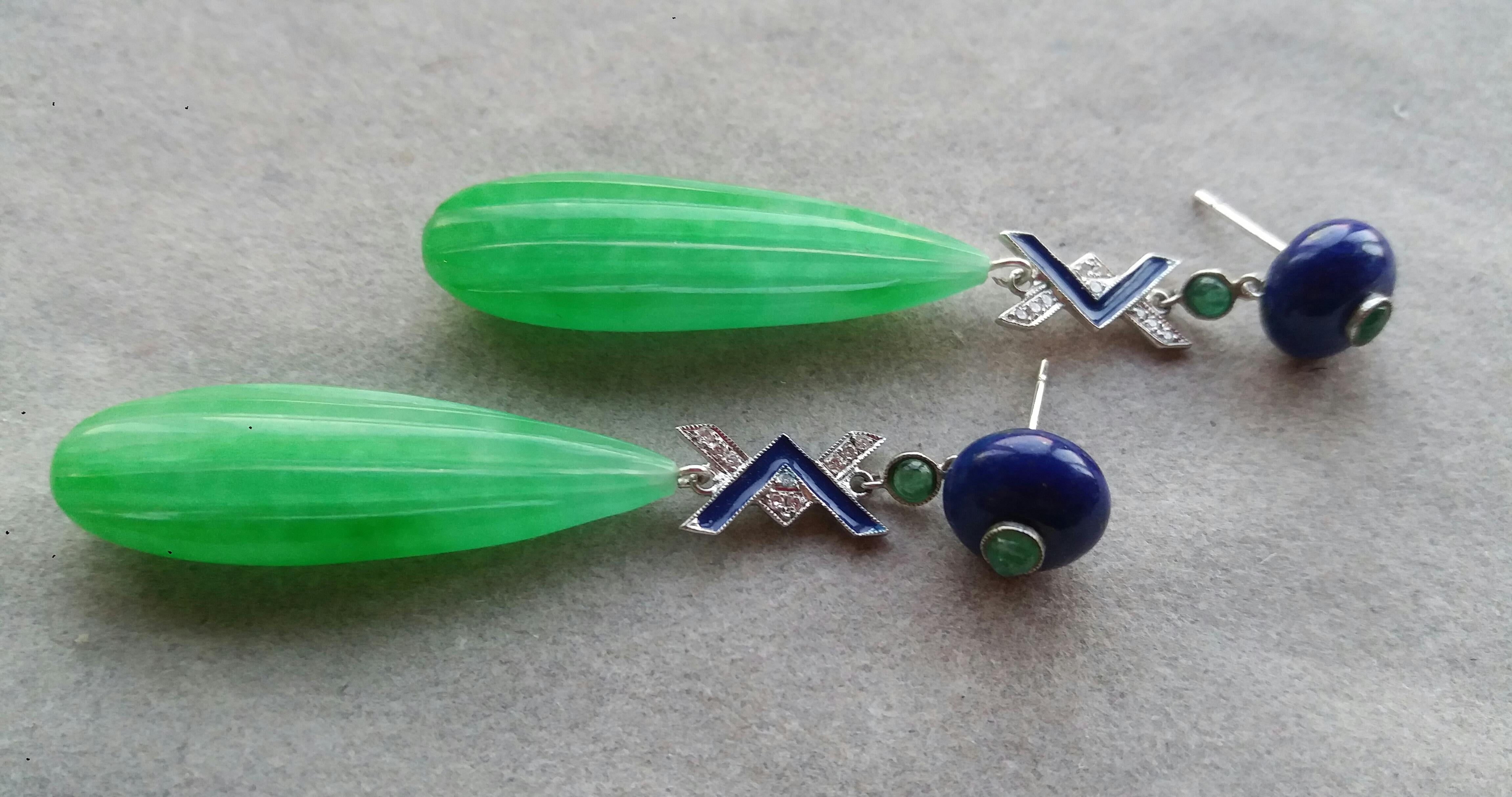 Pendientes Gota Lapislázuli Jade Oro Diamantes Esmeraldas Esmalte Azul Estilo Art Déco Corte mixto en venta